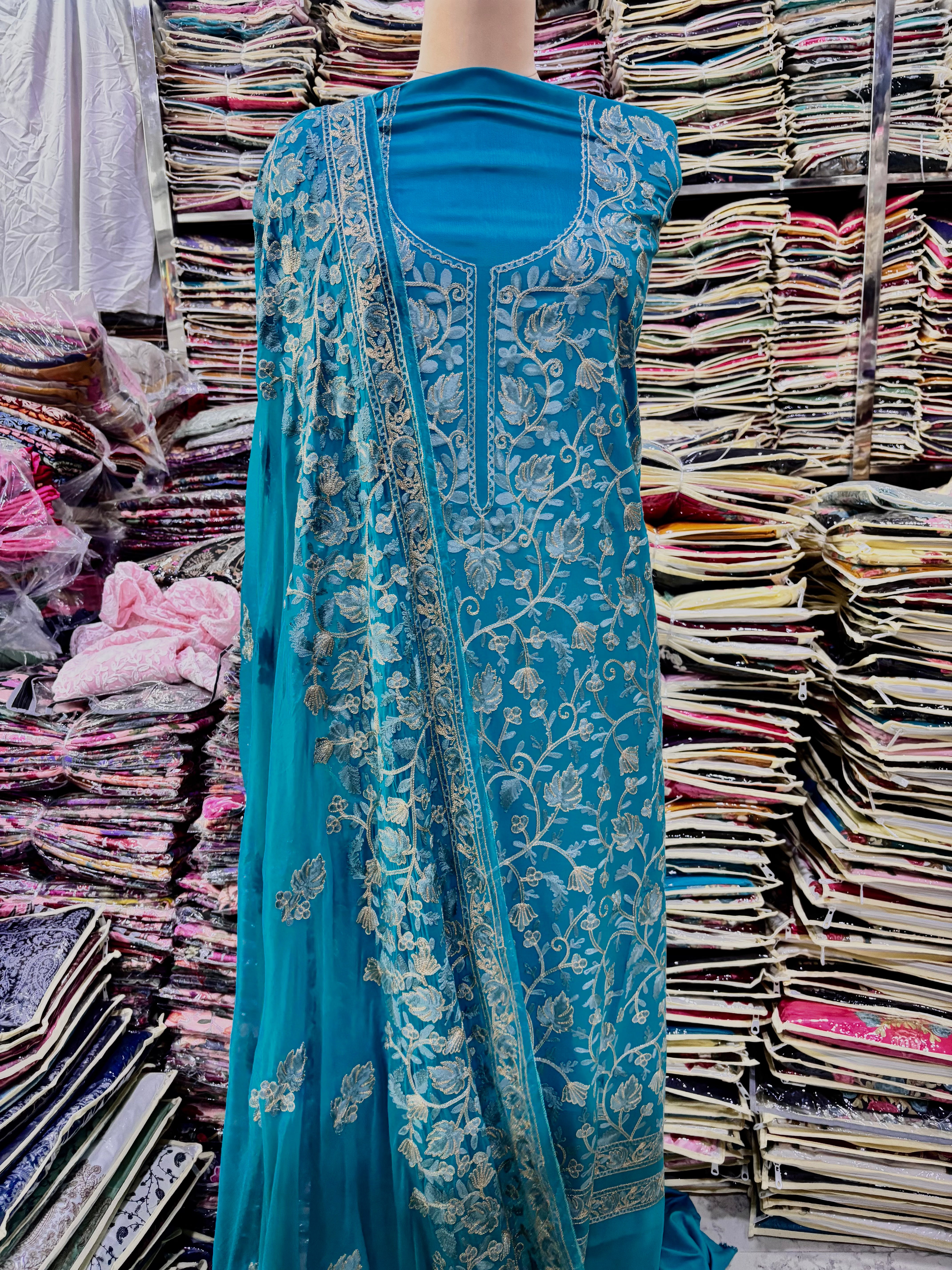 Pure rayon cotton rama green coloured embroidery suit set