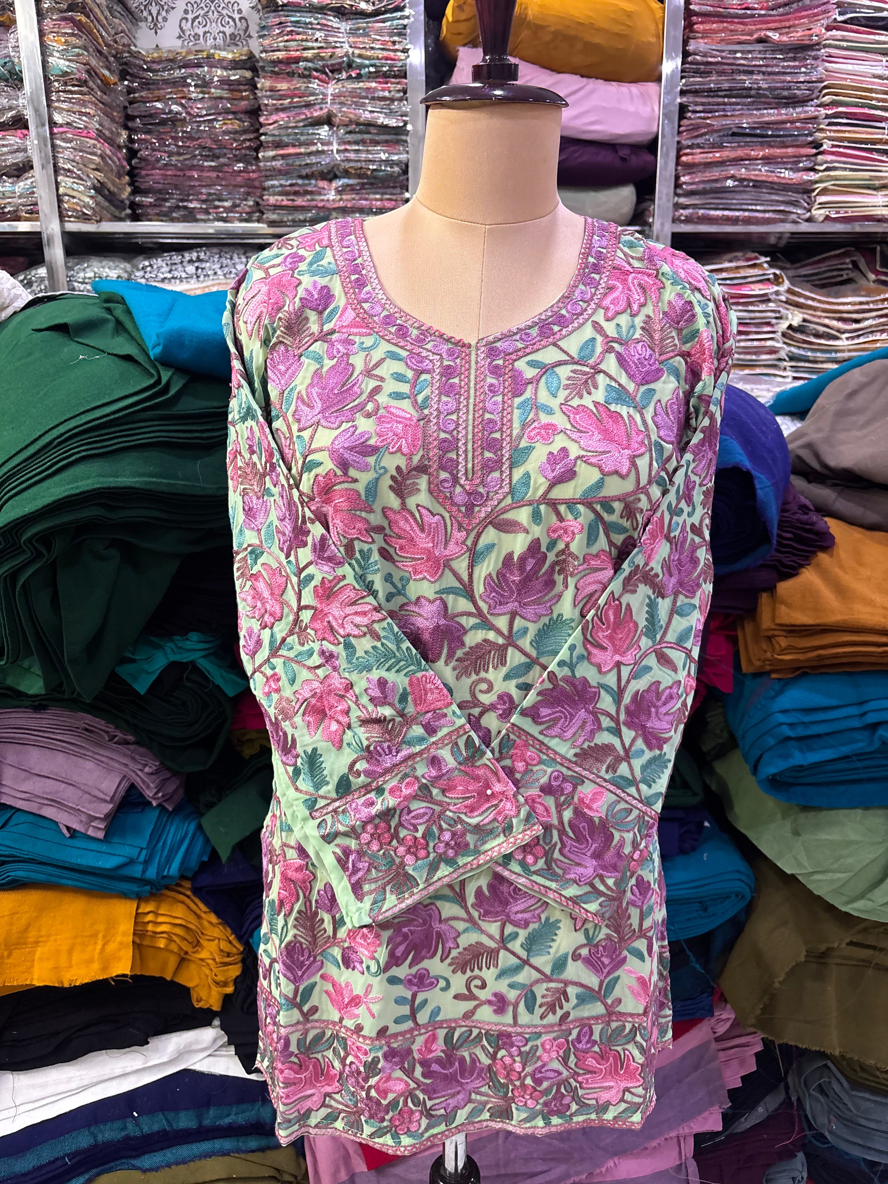 Pista Chinar georgette embroidery kurti