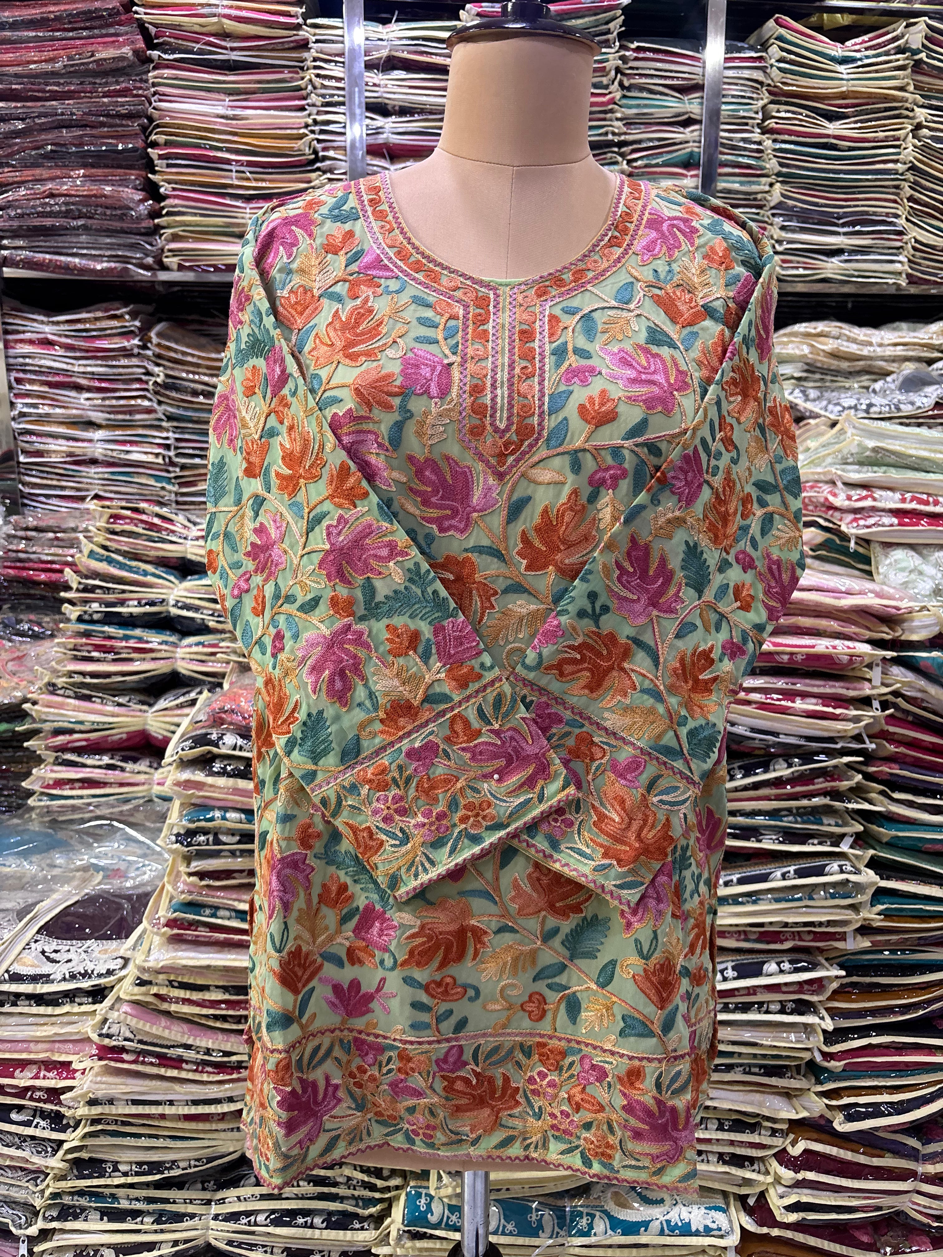 Pista Chinar georgette embroidery kurti