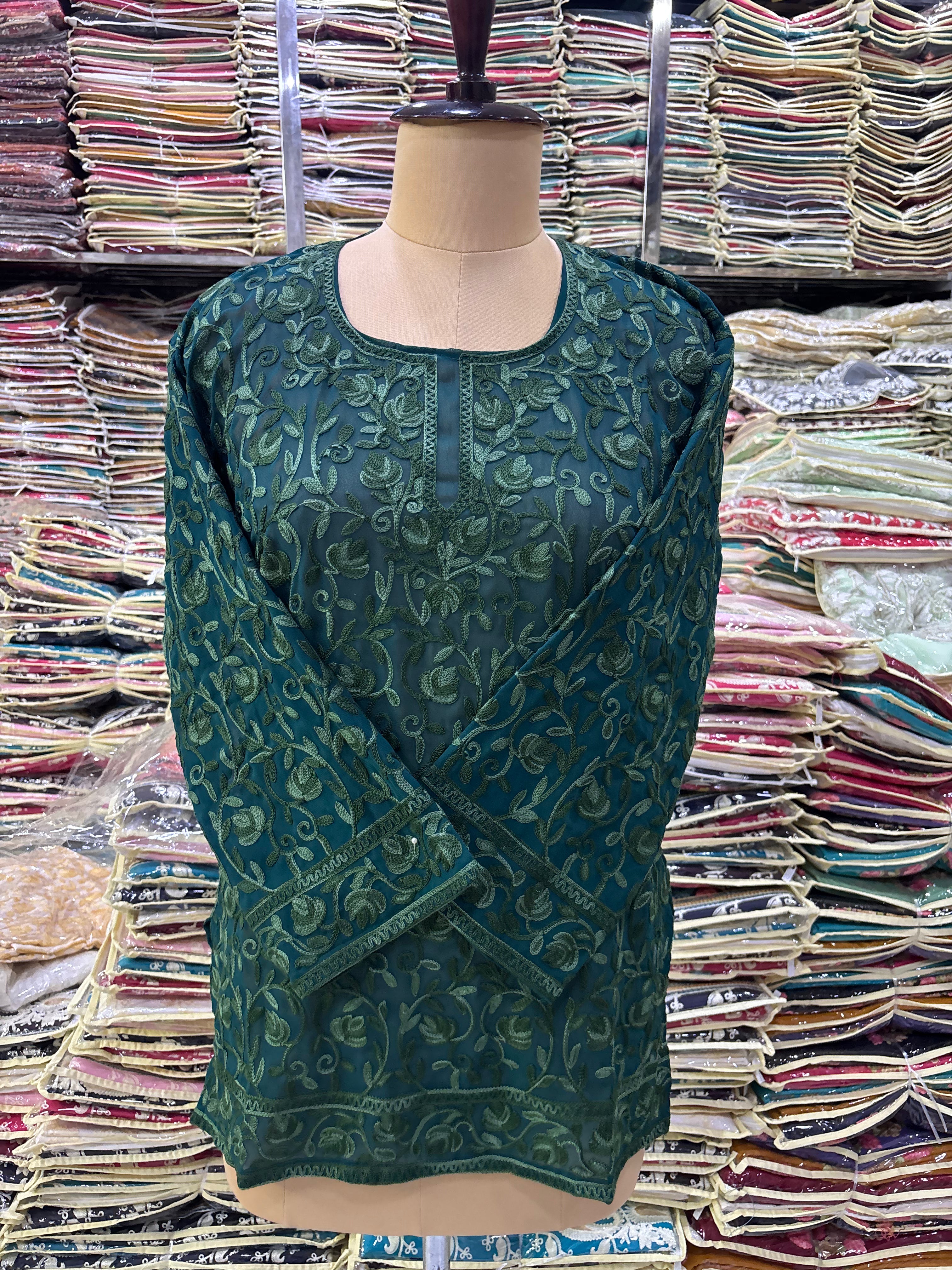 Deep green Georgette embroidery kurti