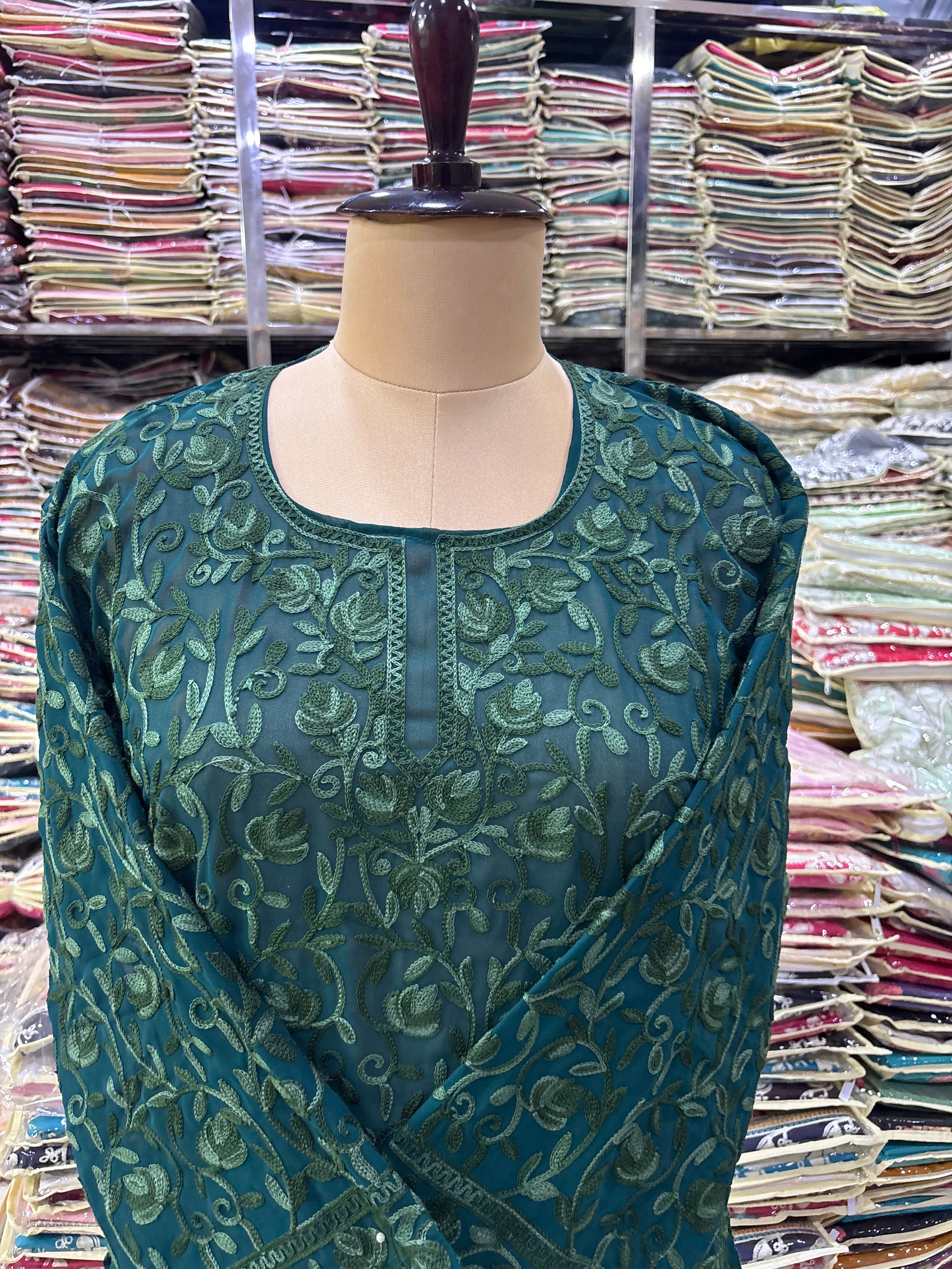 Deep green Georgette embroidery kurti