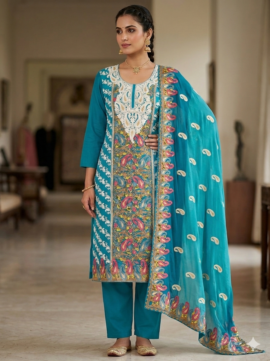 Airforce blue Cotton Embroidery Suit Set