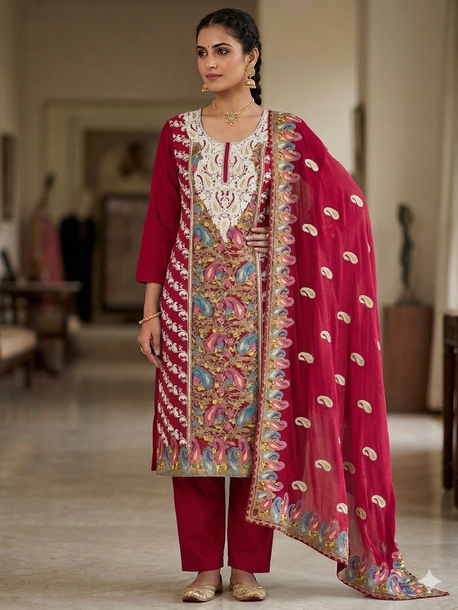 Hot pink Cotton Embroidery Suit Set
