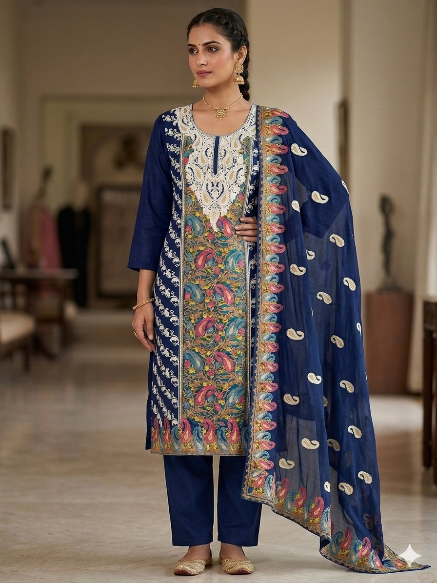 Navy blue Cotton Embroidery Suit Set