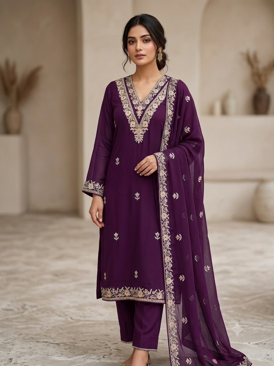Pure crape suit with chiffon duppata with zari work