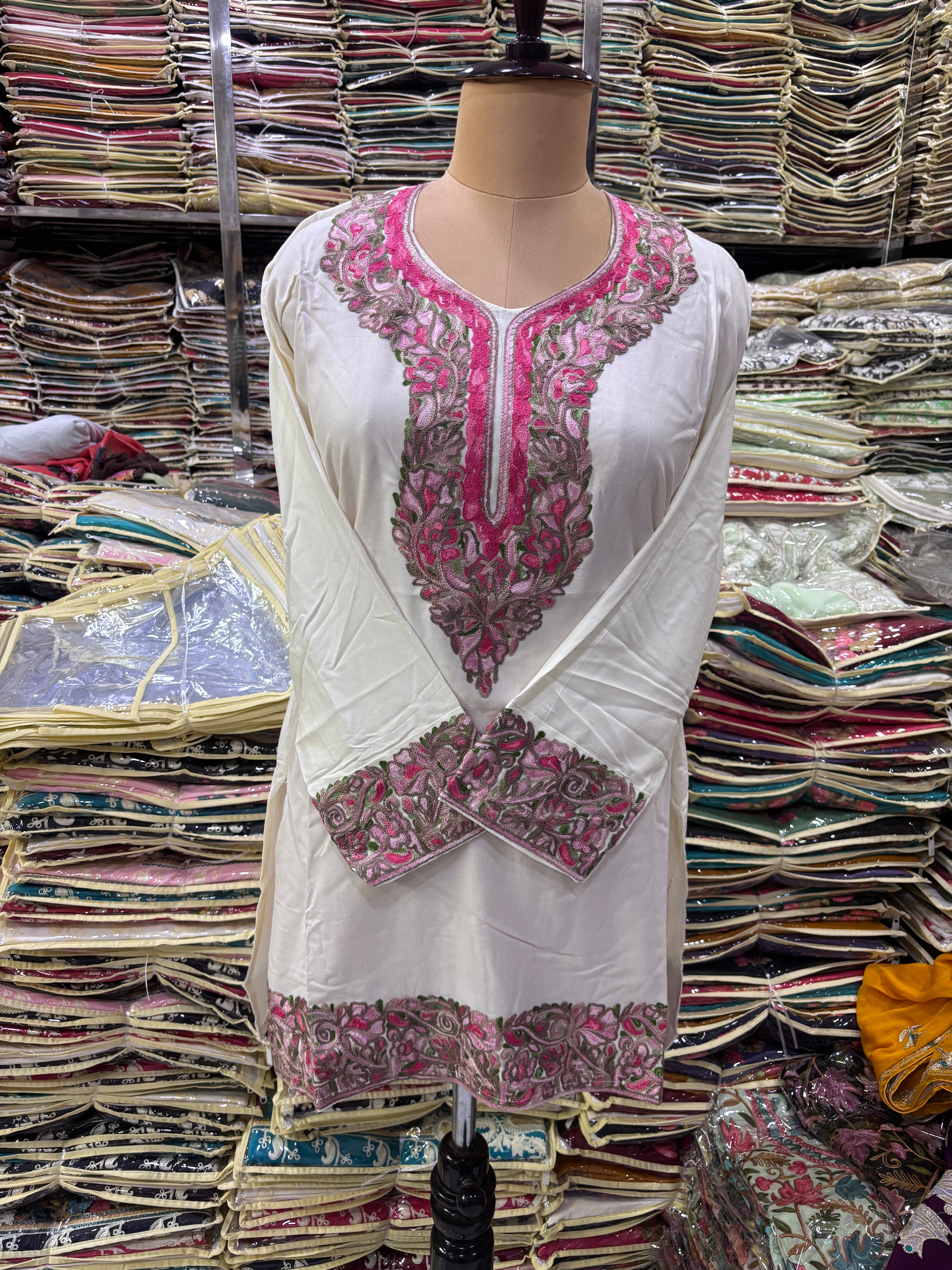 Milk white Viscose cotton kurti with embroidery work Size-42