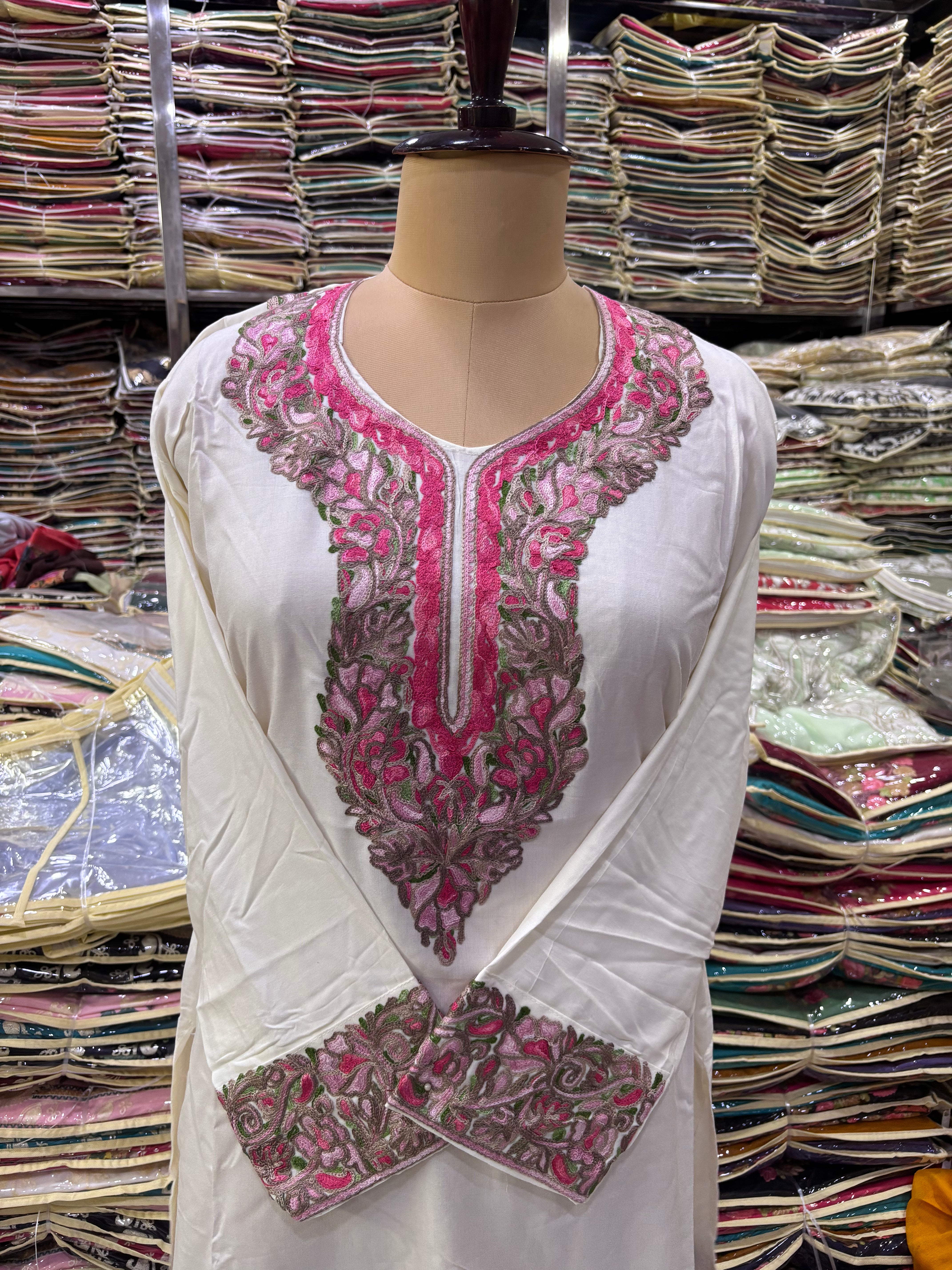 Milk white Viscose cotton kurti with embroidery work Size-42