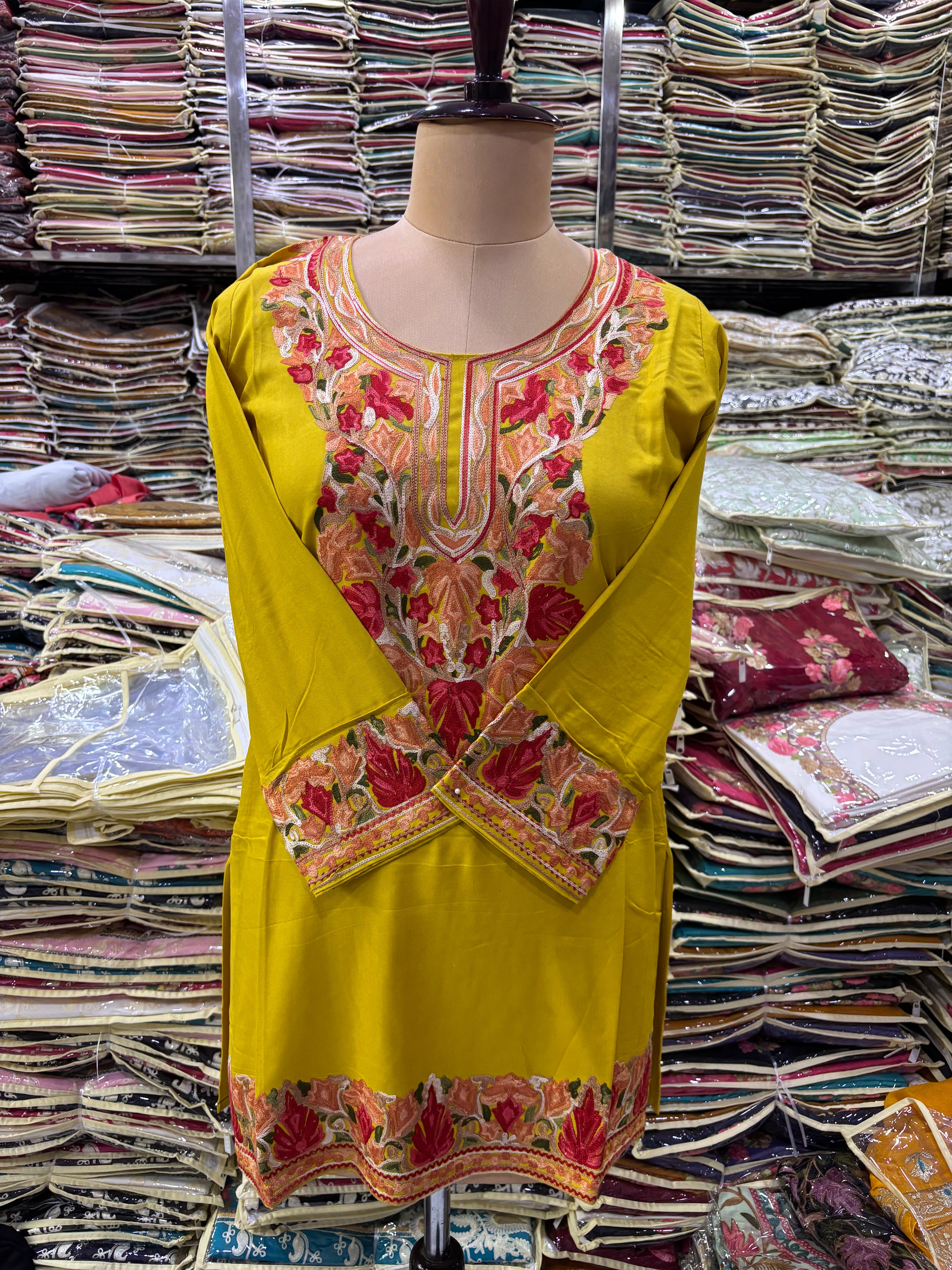 Bright mustard Viscose cotton kurti with embroidery work Size-40