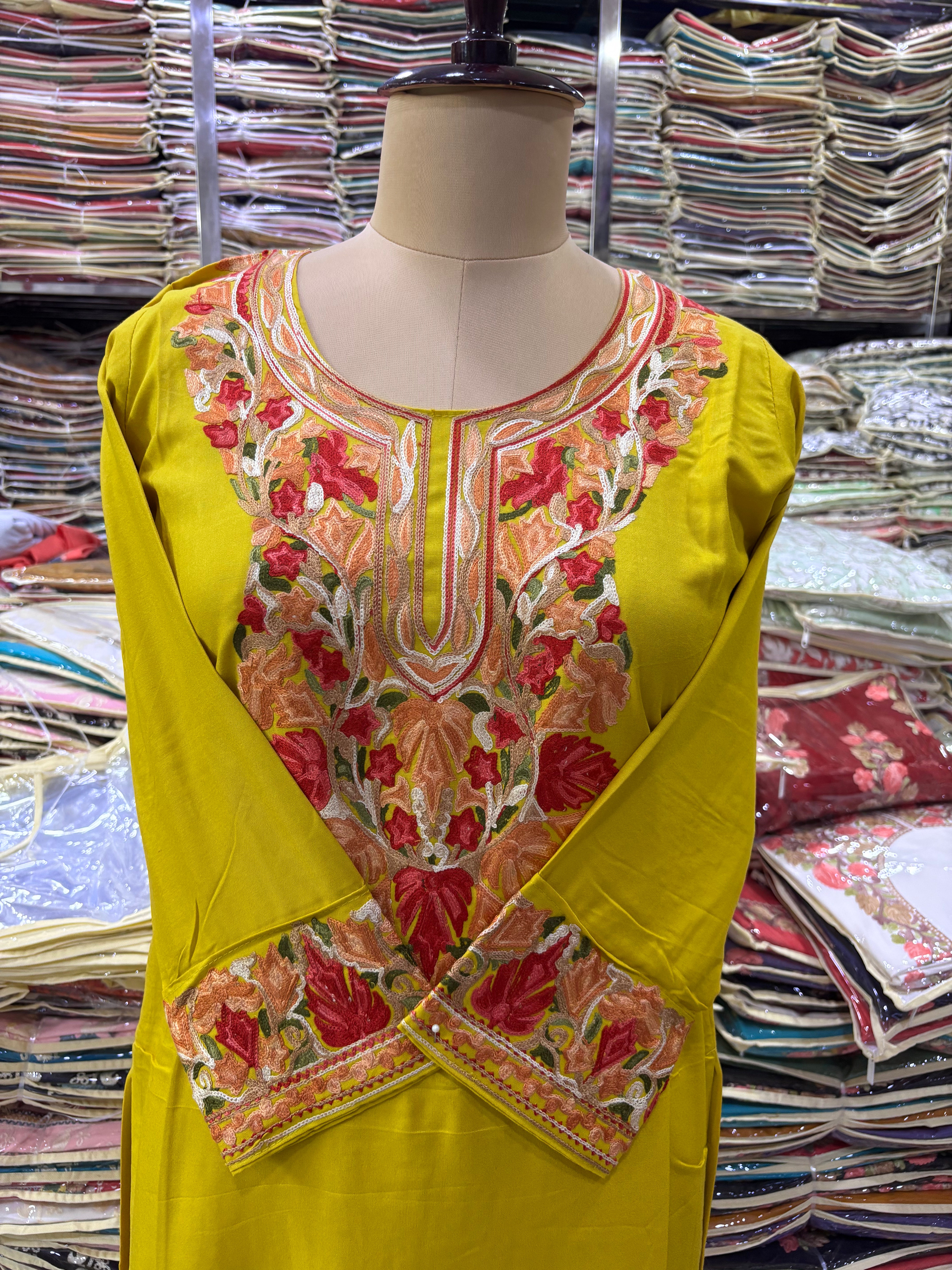 Bright mustard Viscose cotton kurti with embroidery work Size-40