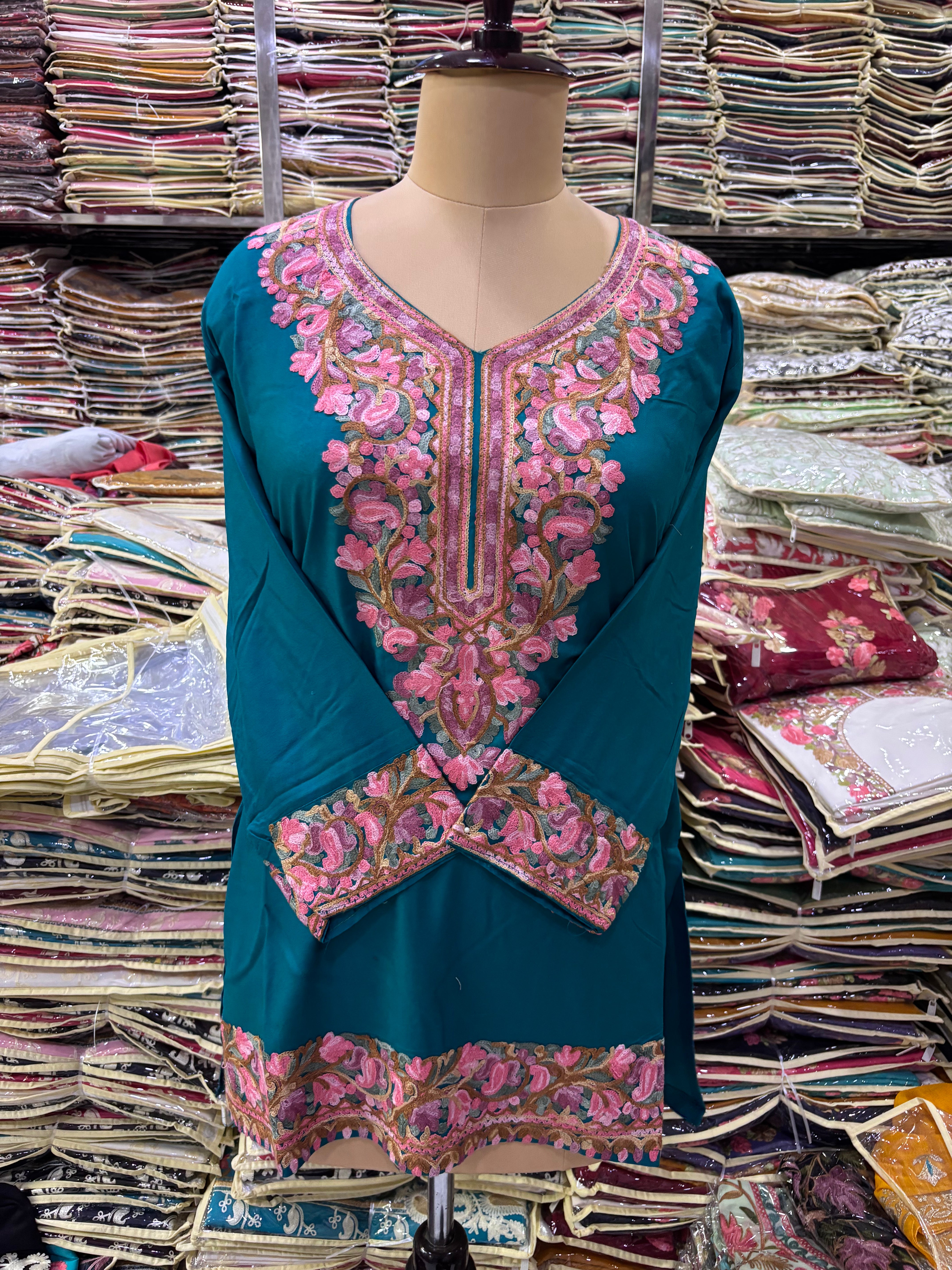Petroleum blue Viscose cotton kurti with embroidery work Size-42