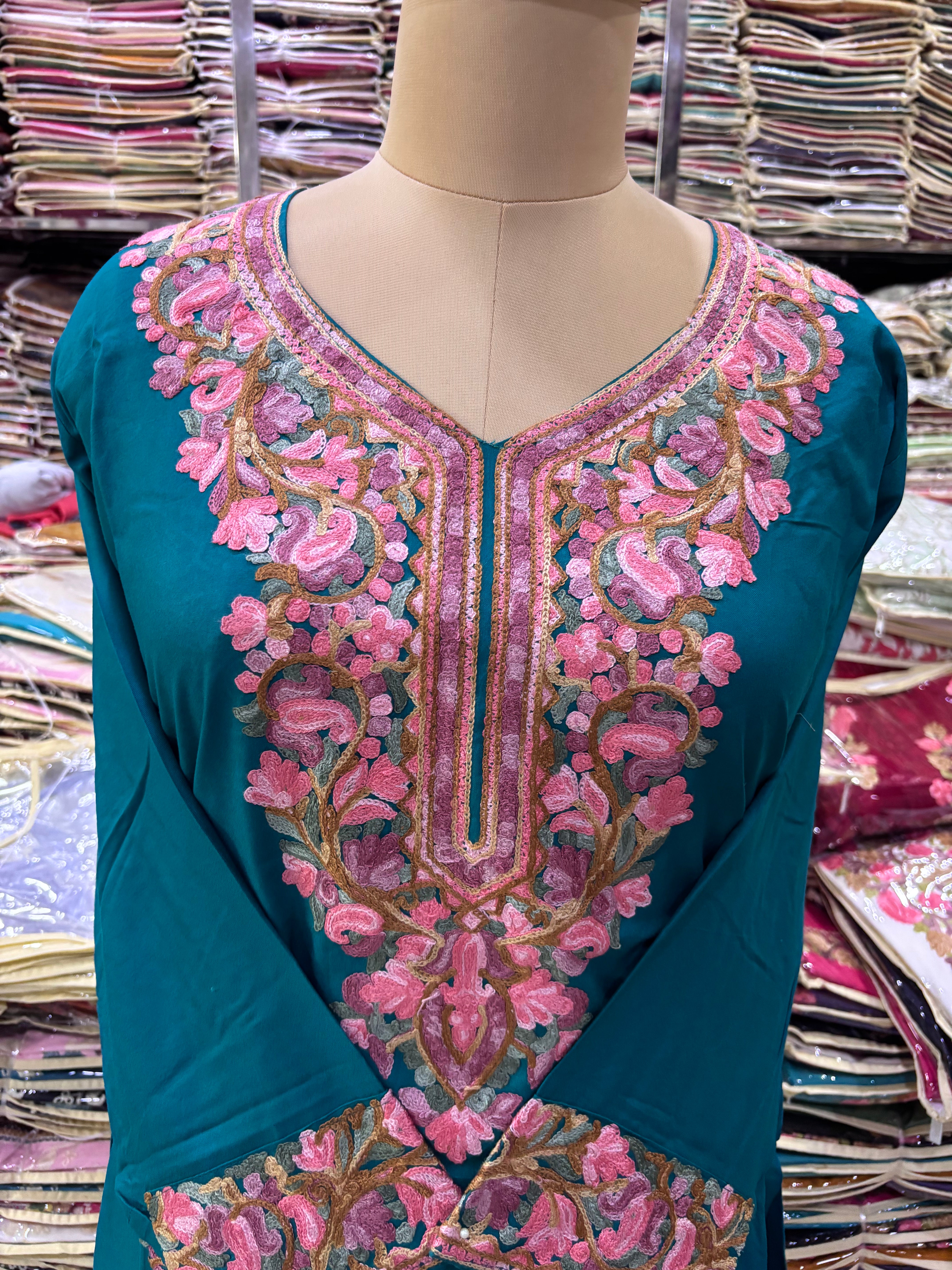 Petroleum blue Viscose cotton kurti with embroidery work Size-42