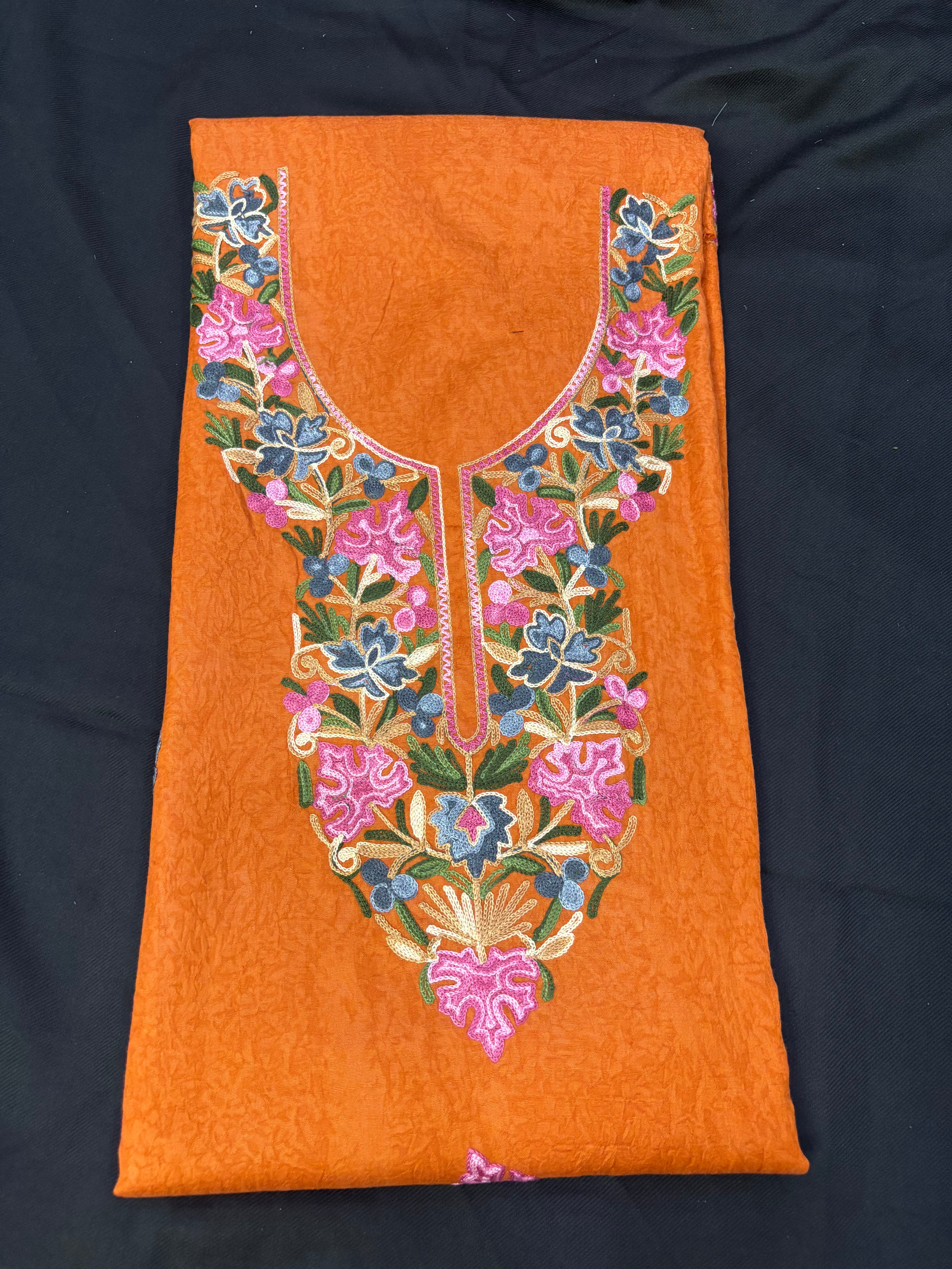 Rust orange Textured cotton two pc set with floral embroidery