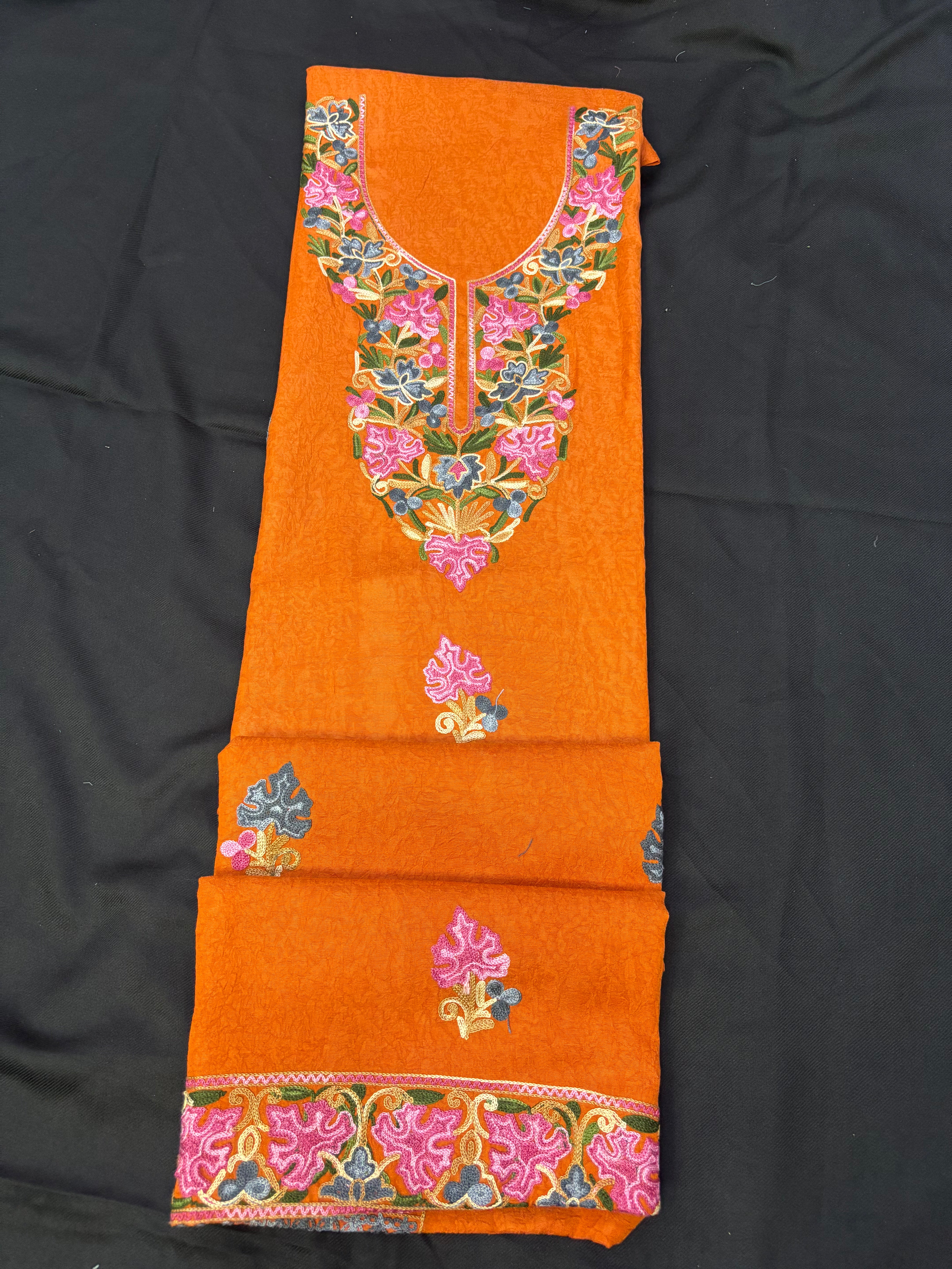 Rust orange Textured cotton two pc set with floral embroidery