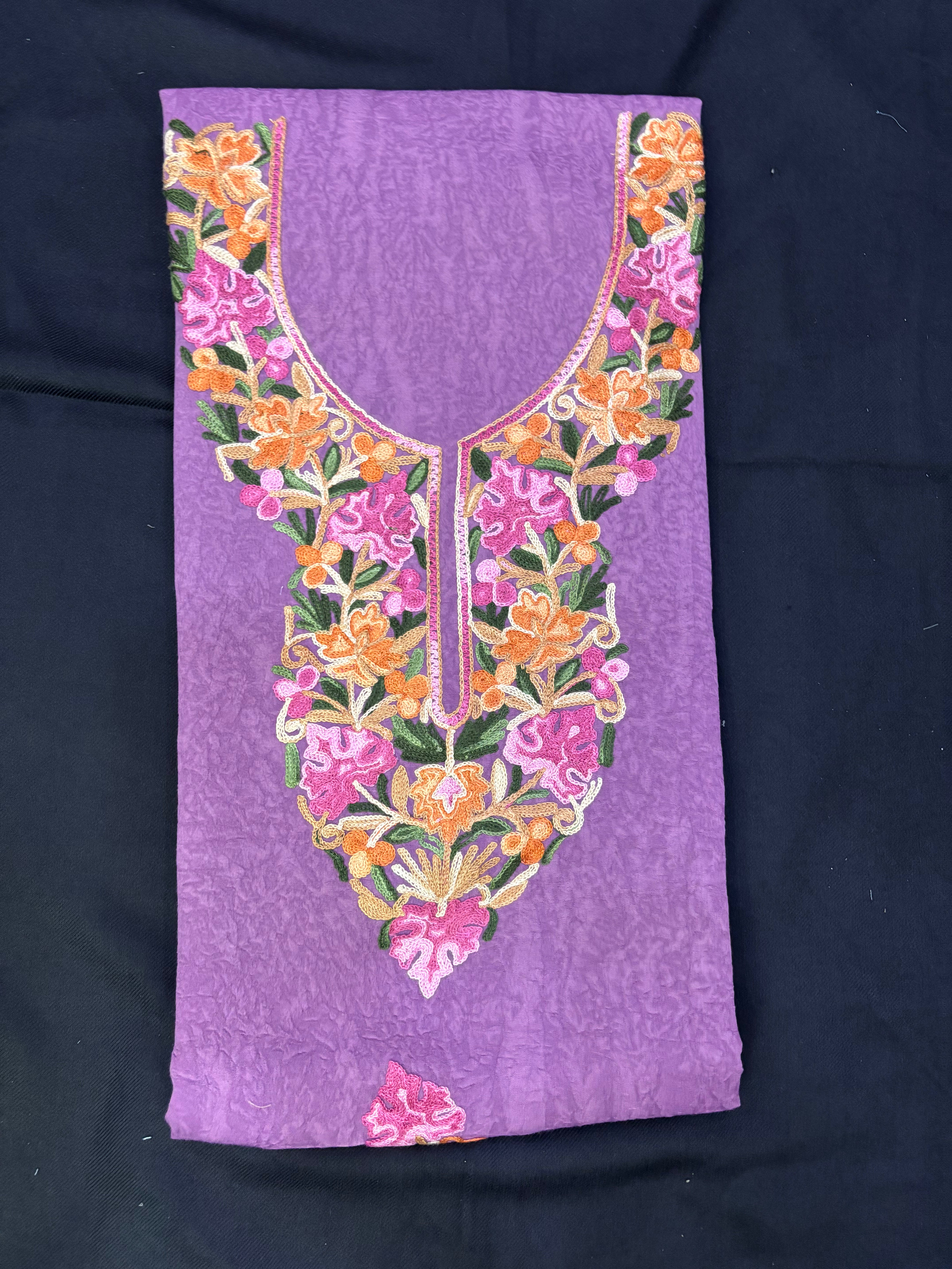 Lilac textured cotton two pc set with floral embroidery