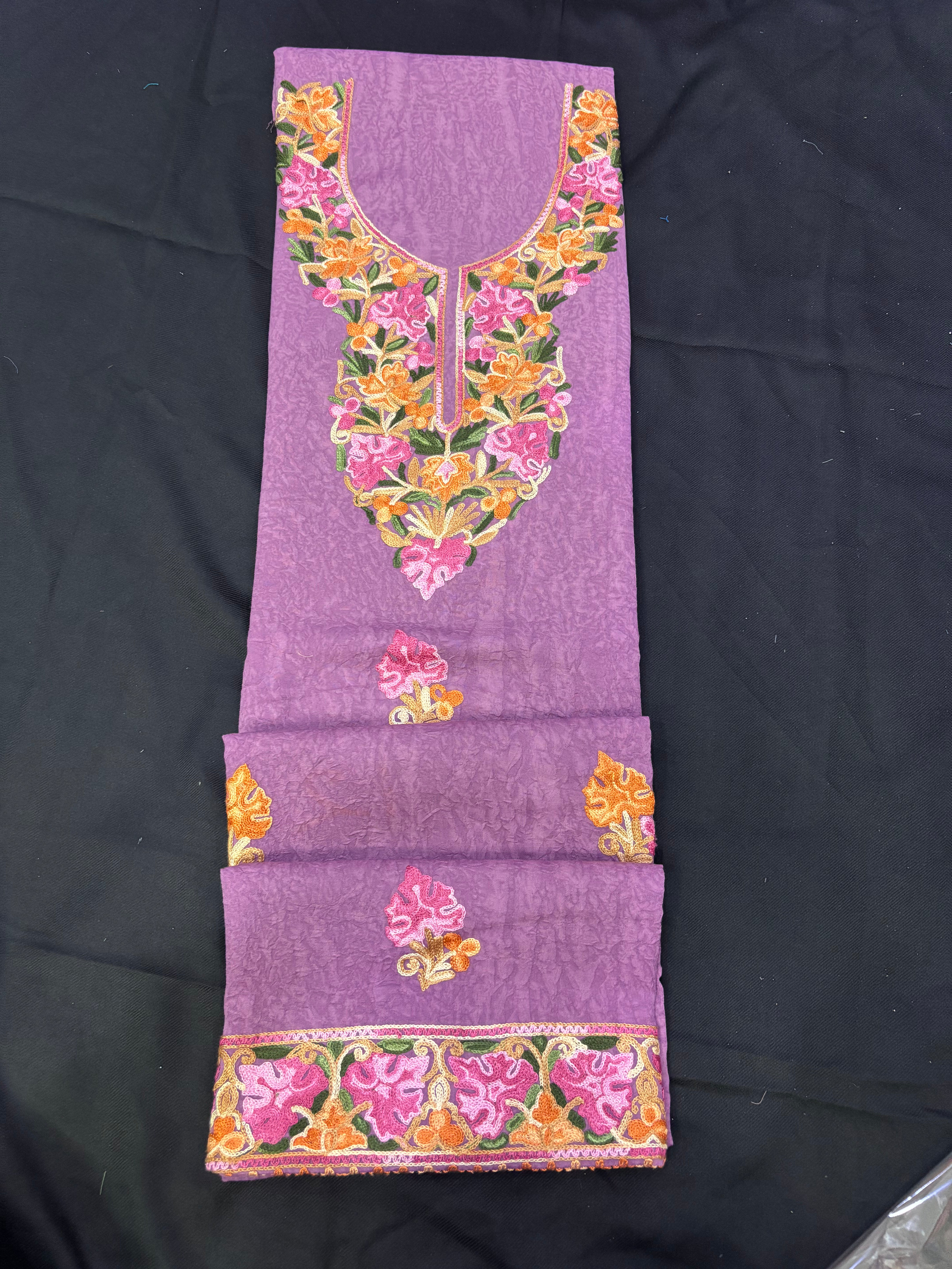Lilac textured cotton two pc set with floral embroidery