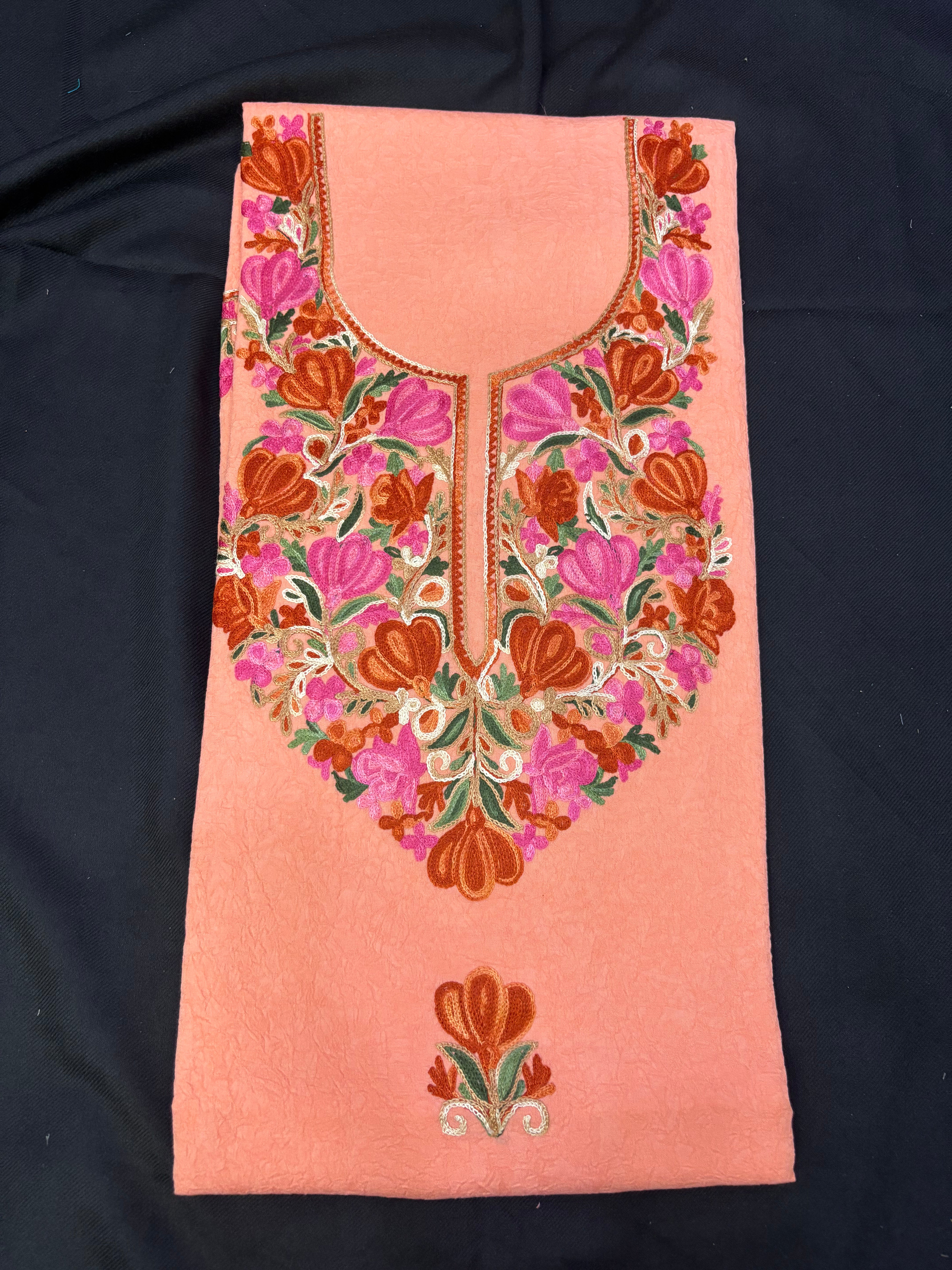 Peach textured cotton two pc set with floral embroidery
