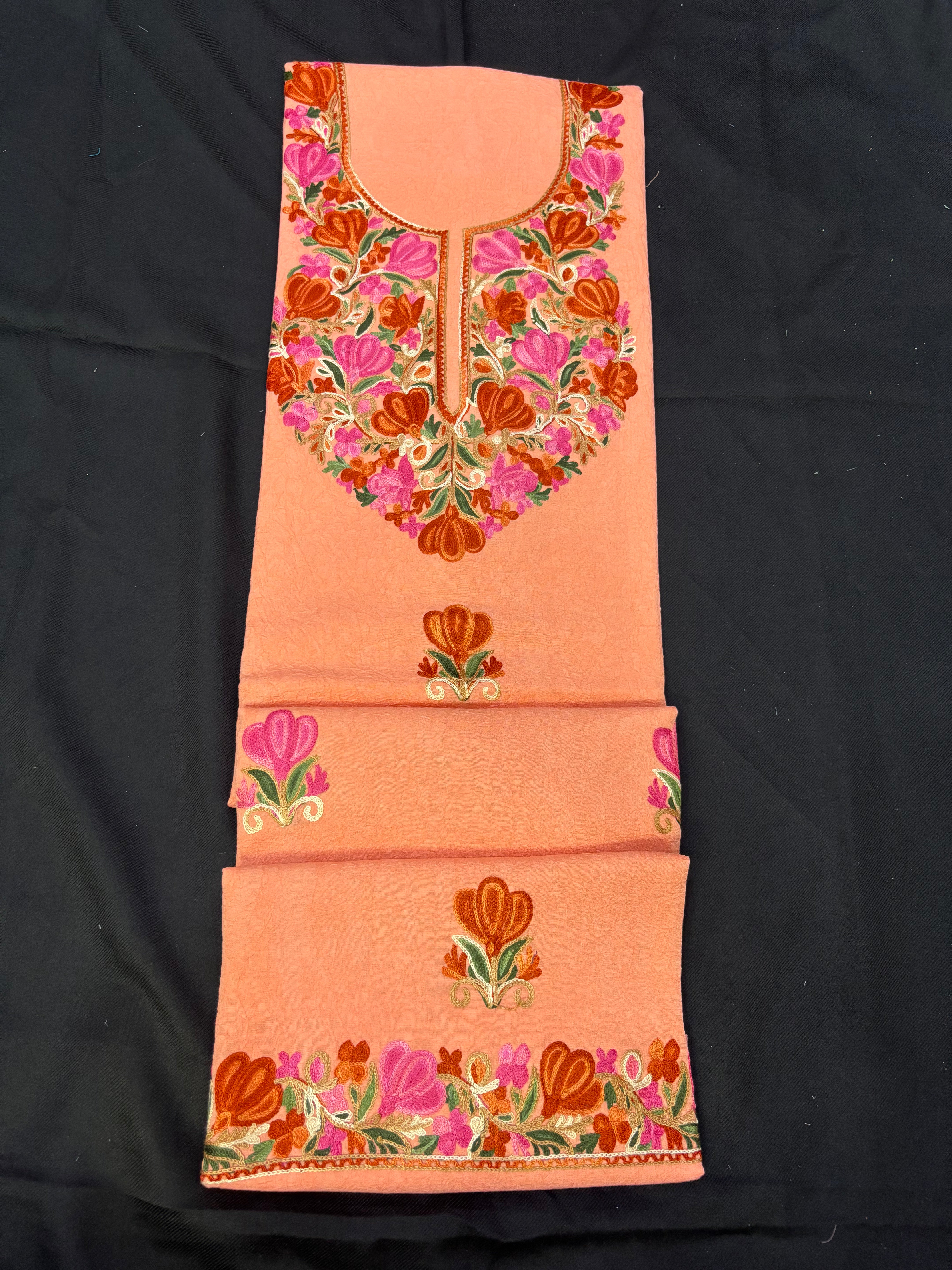 Peach textured cotton two pc set with floral embroidery
