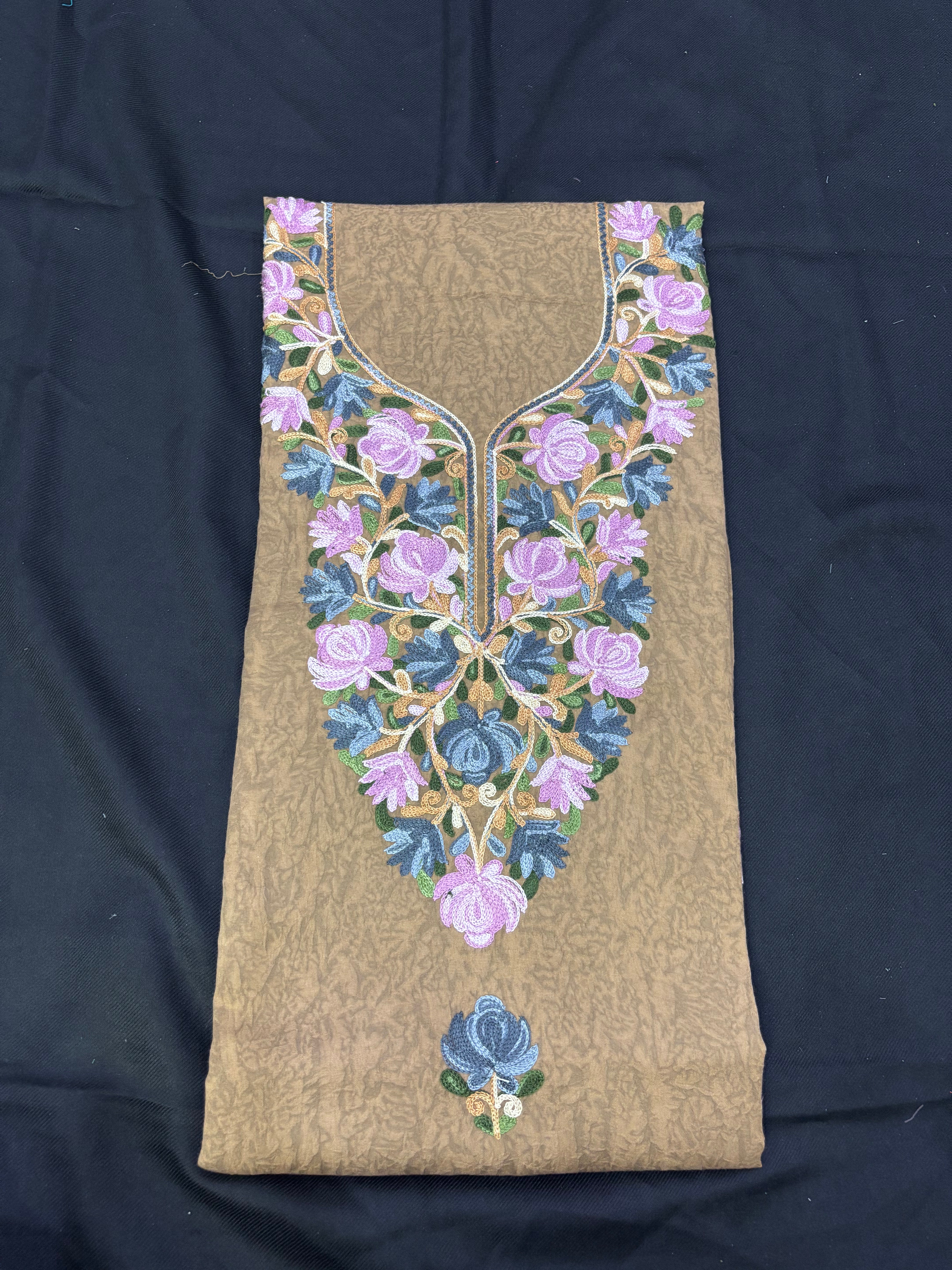 Dark Beige textured cotton two pc set with floral embroidery
