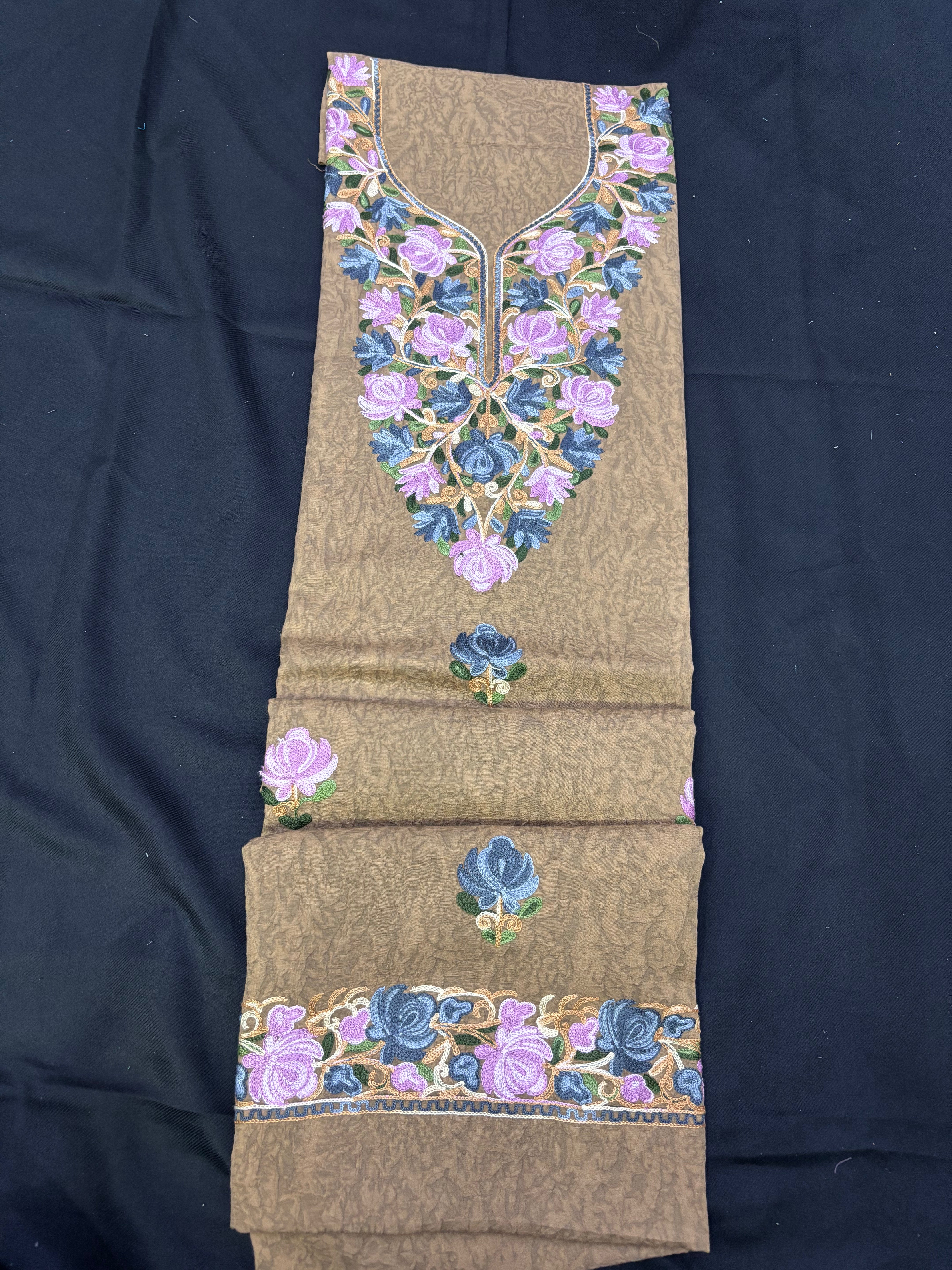 Dark Beige textured cotton two pc set with floral embroidery