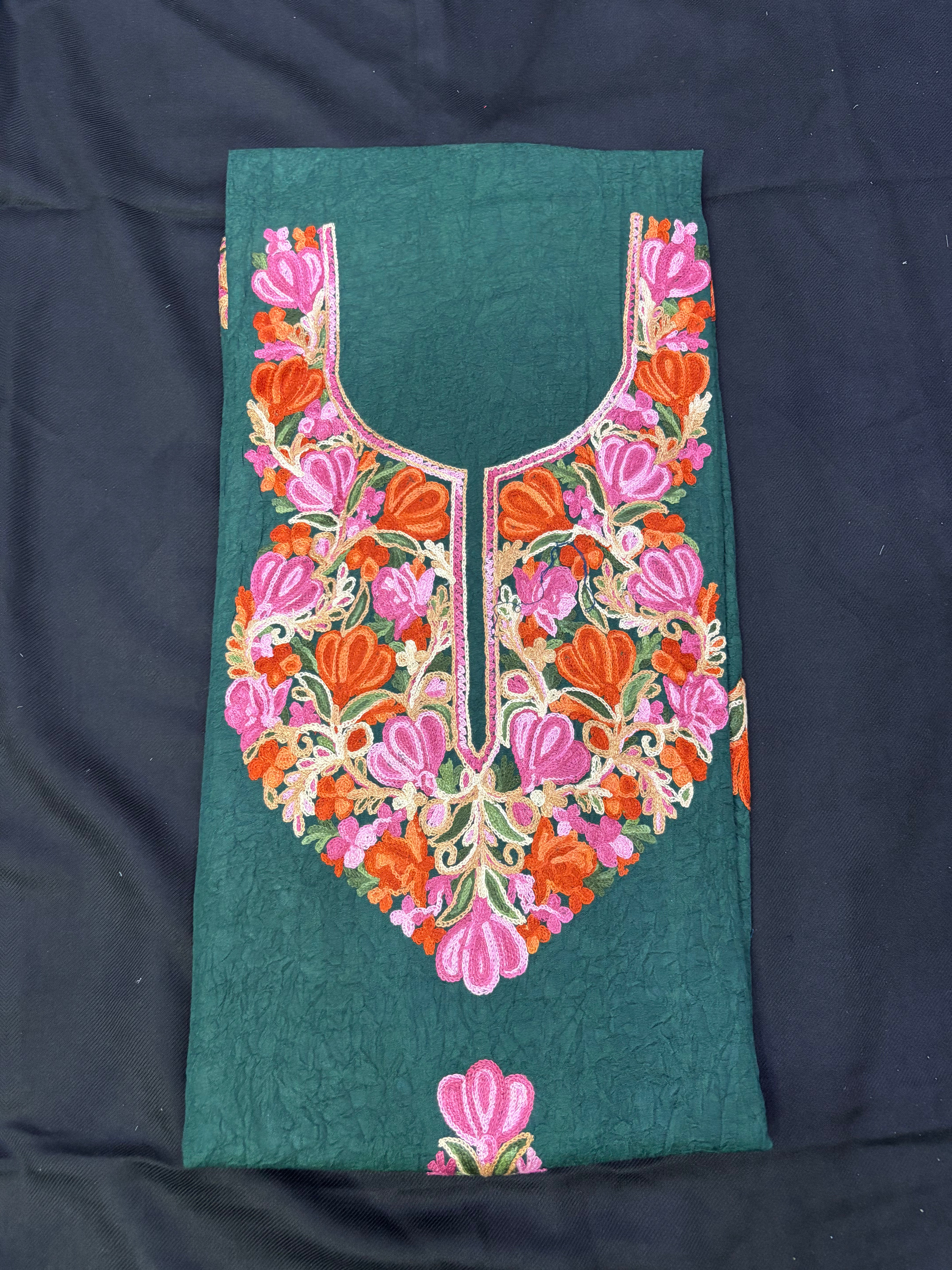 Bottle green textured cotton two pc set with floral embroidery