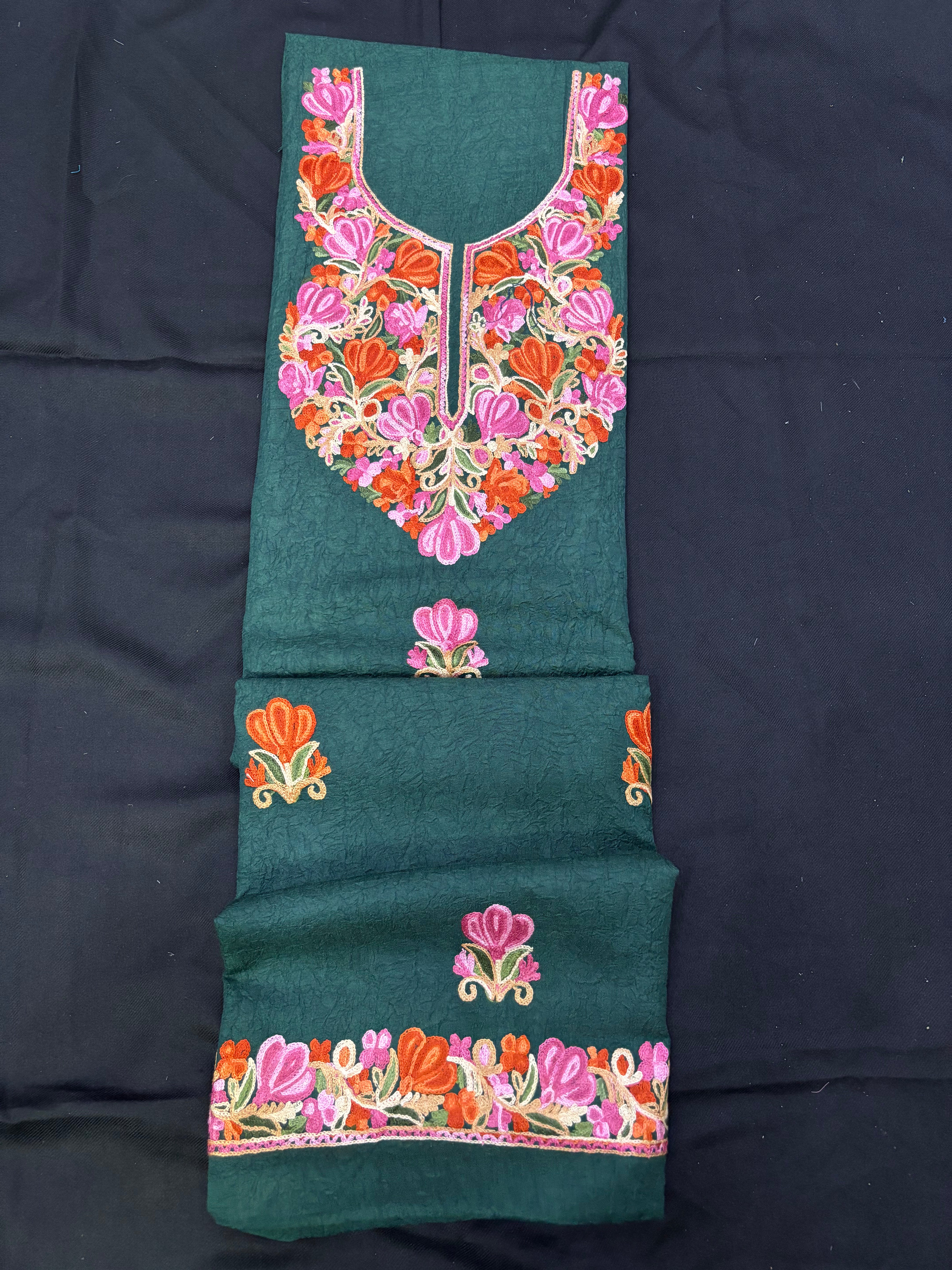 Bottle green textured cotton two pc set with floral embroidery