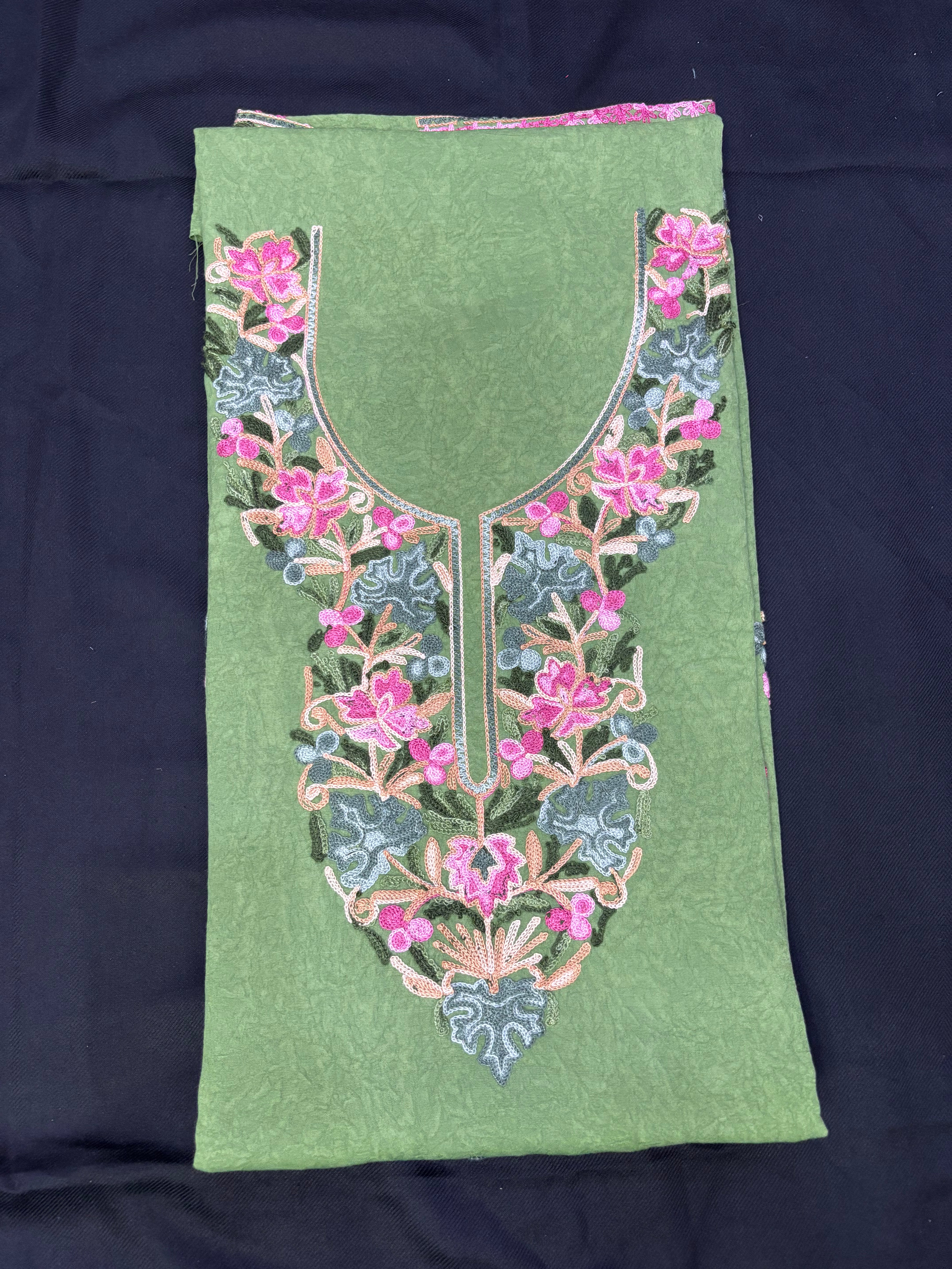Macha green textured cotton two pc set with floral embroidery