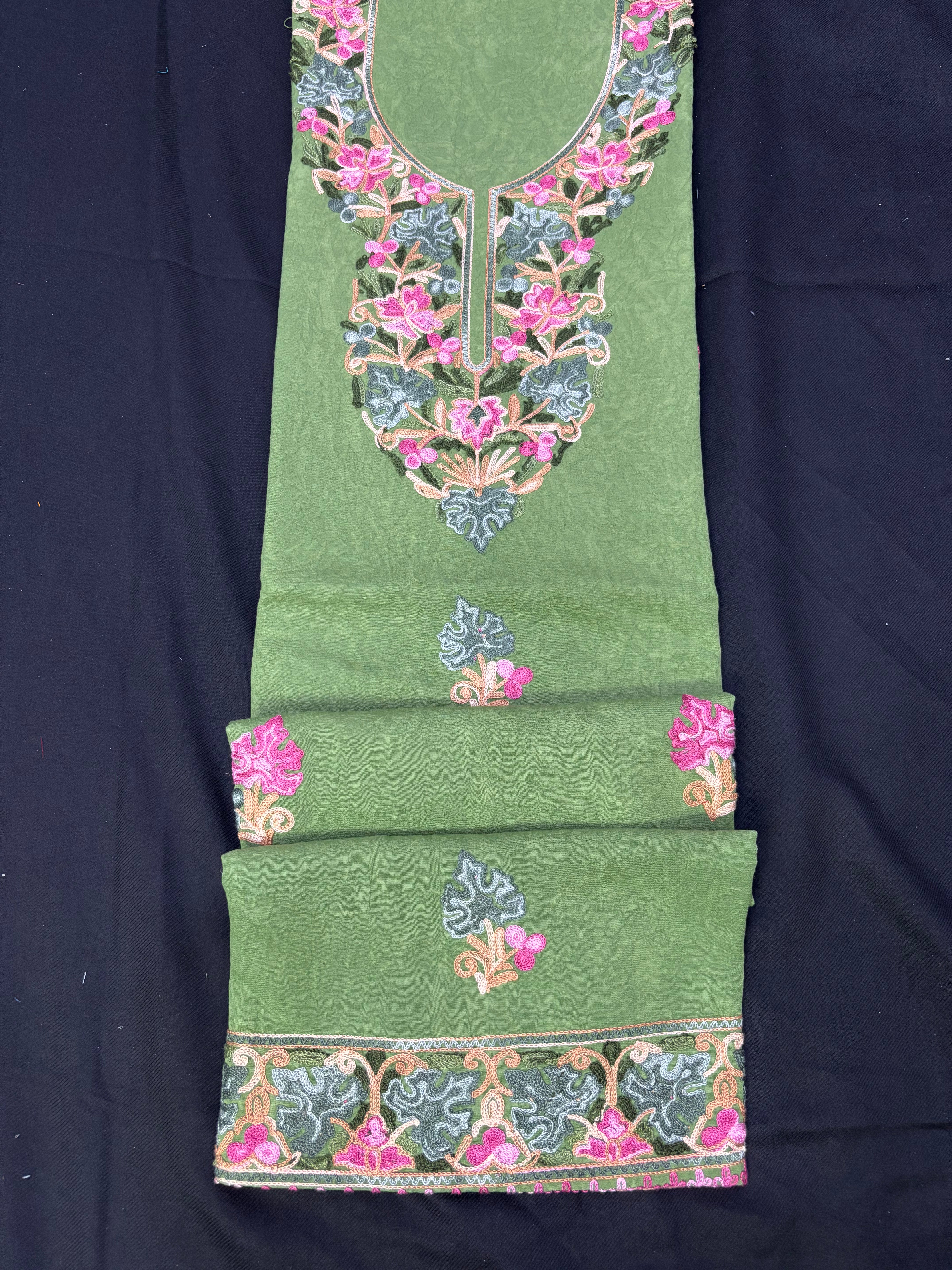 Macha green textured cotton two pc set with floral embroidery