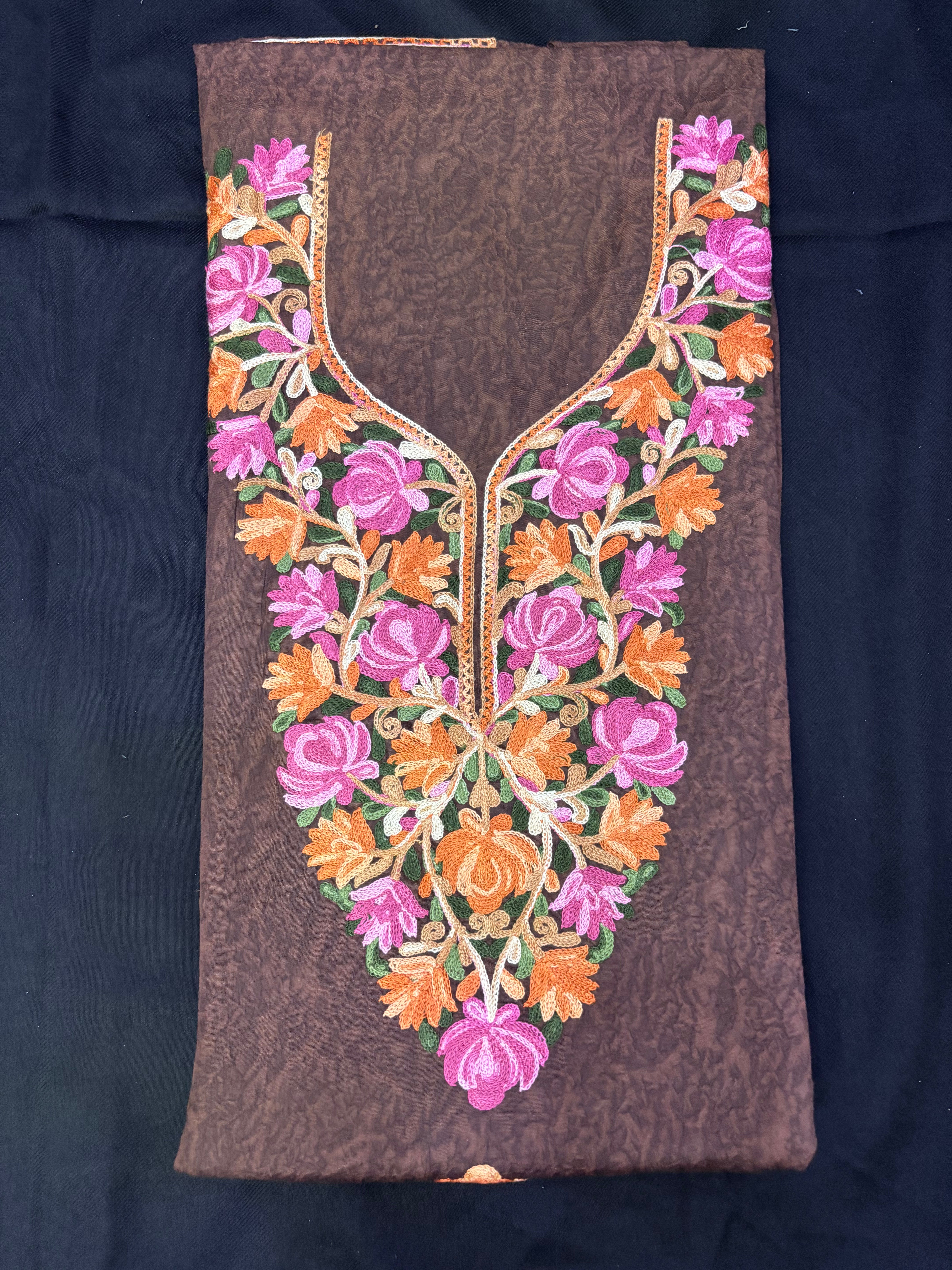 Coffee brown textured cotton two pc set with floral embroidery