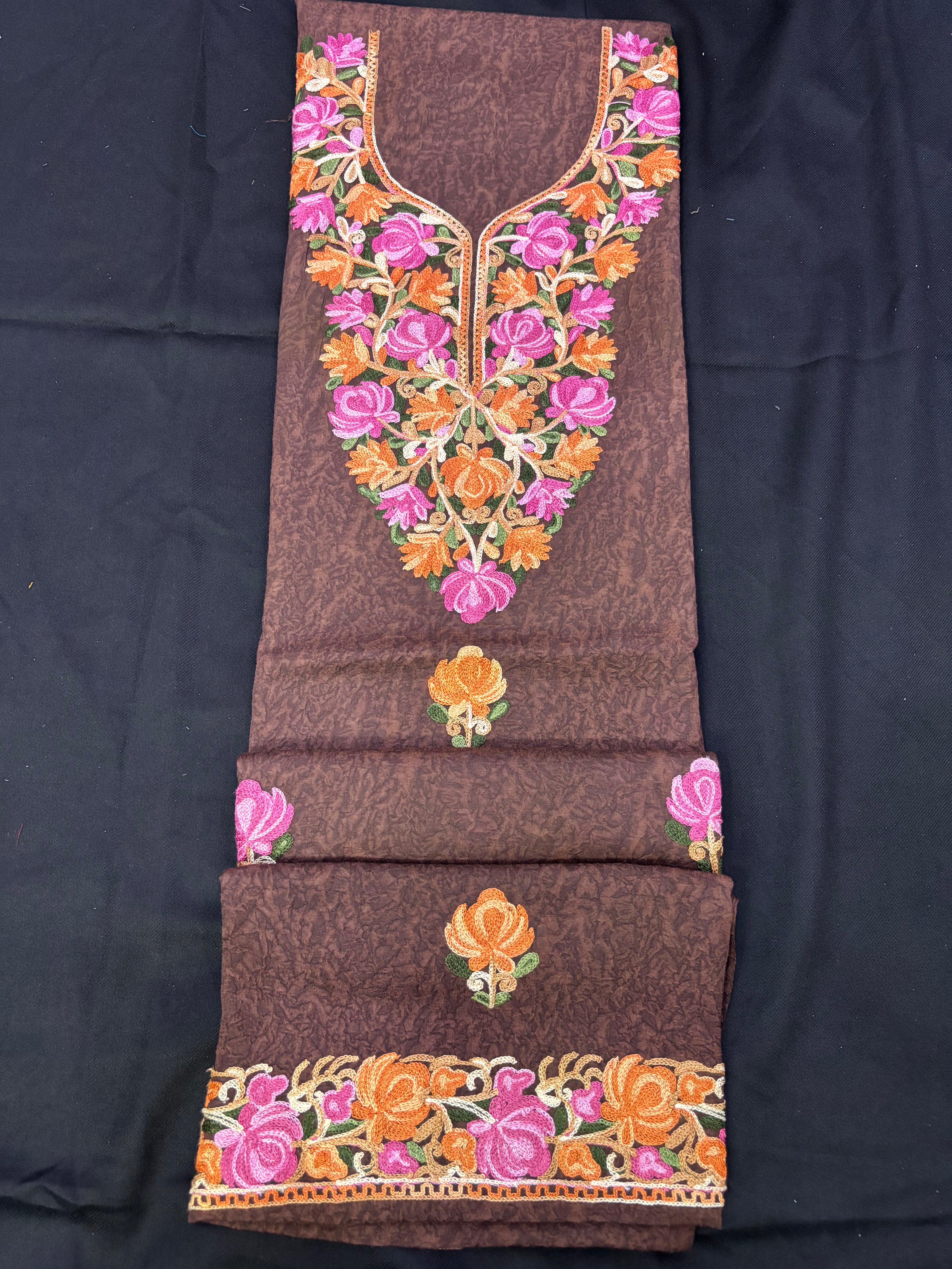 Coffee brown textured cotton two pc set with floral embroidery