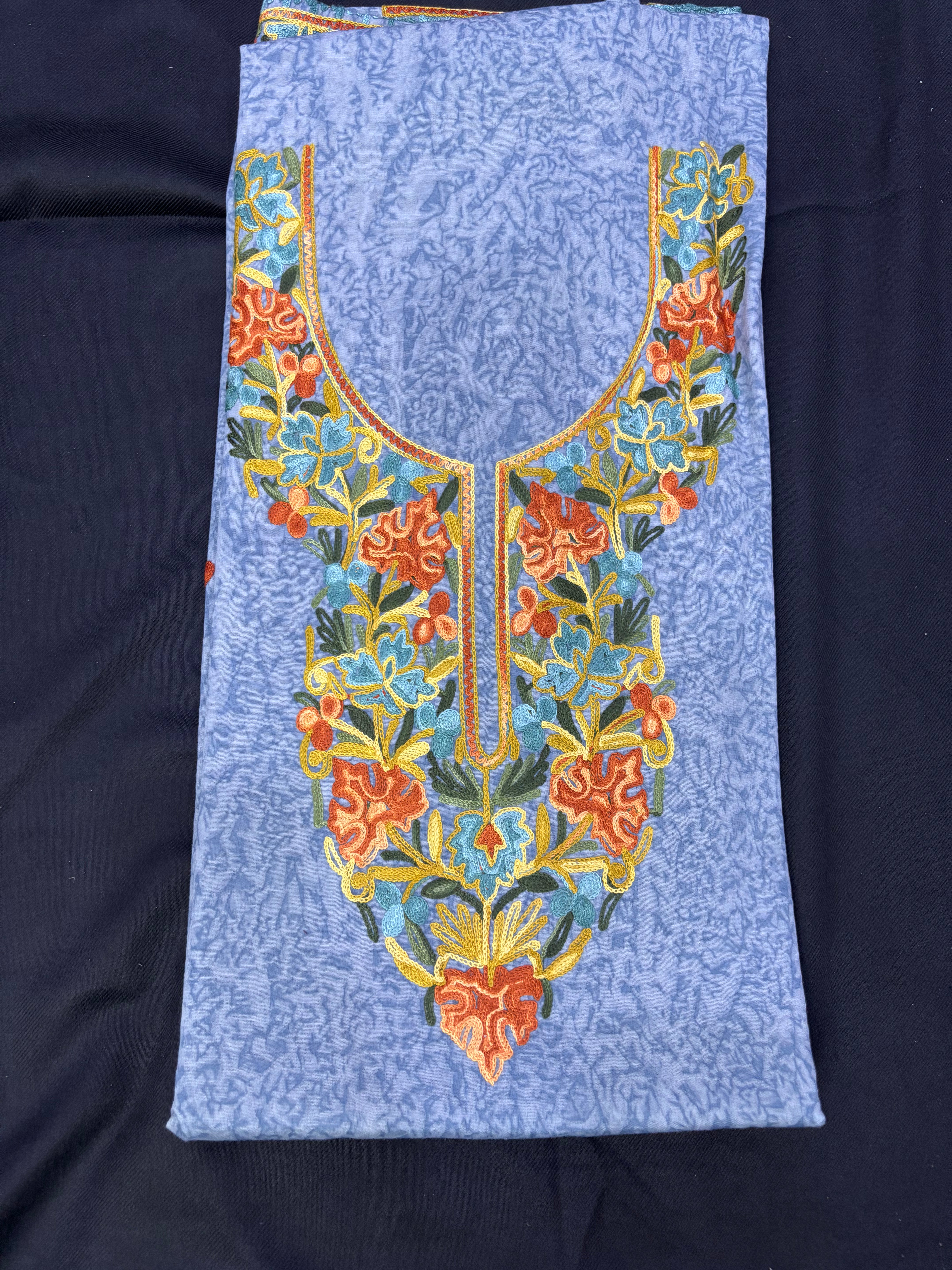 Steel grey textured cotton two pc set with floral embroidery