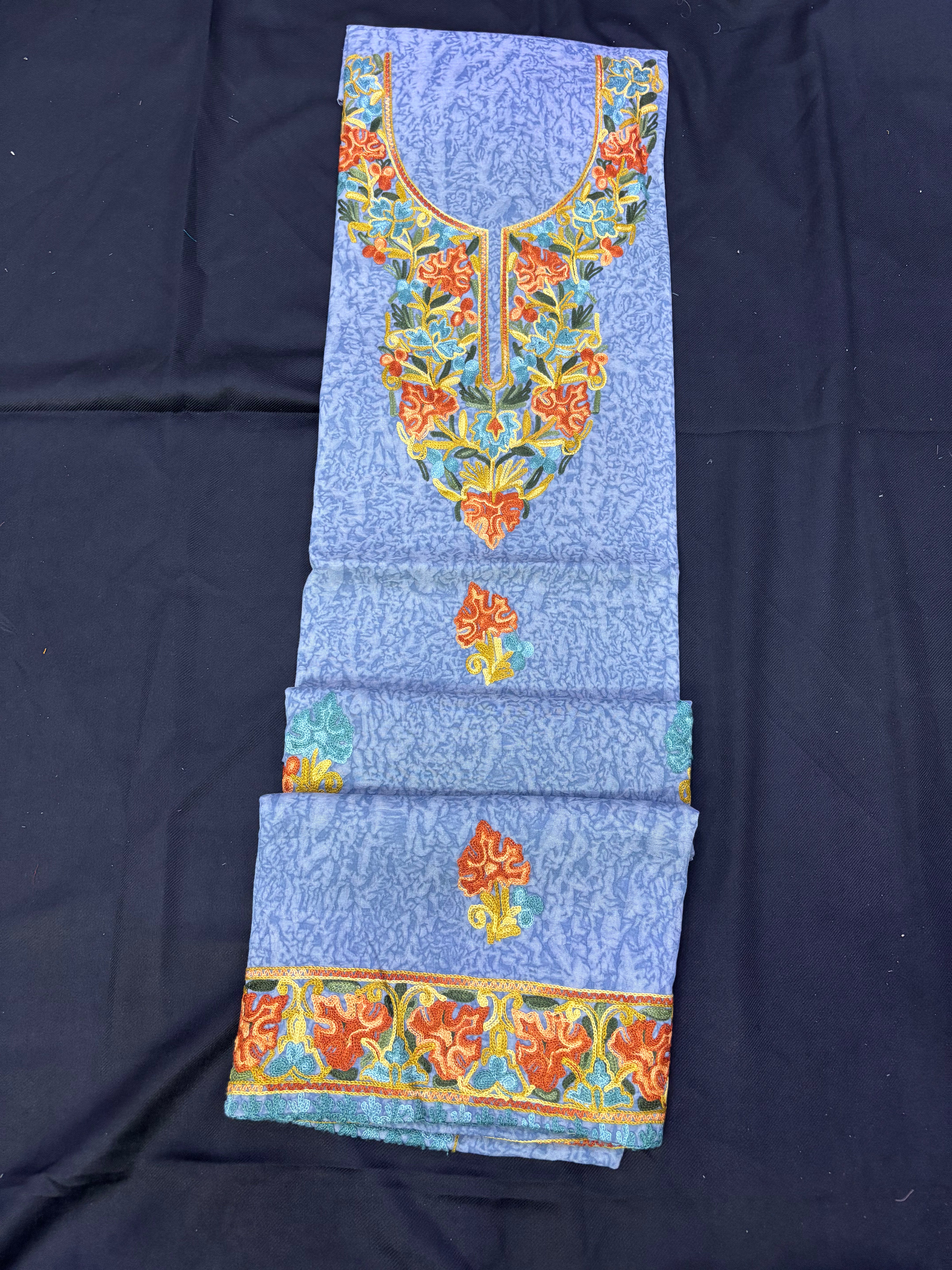 Steel grey textured cotton two pc set with floral embroidery