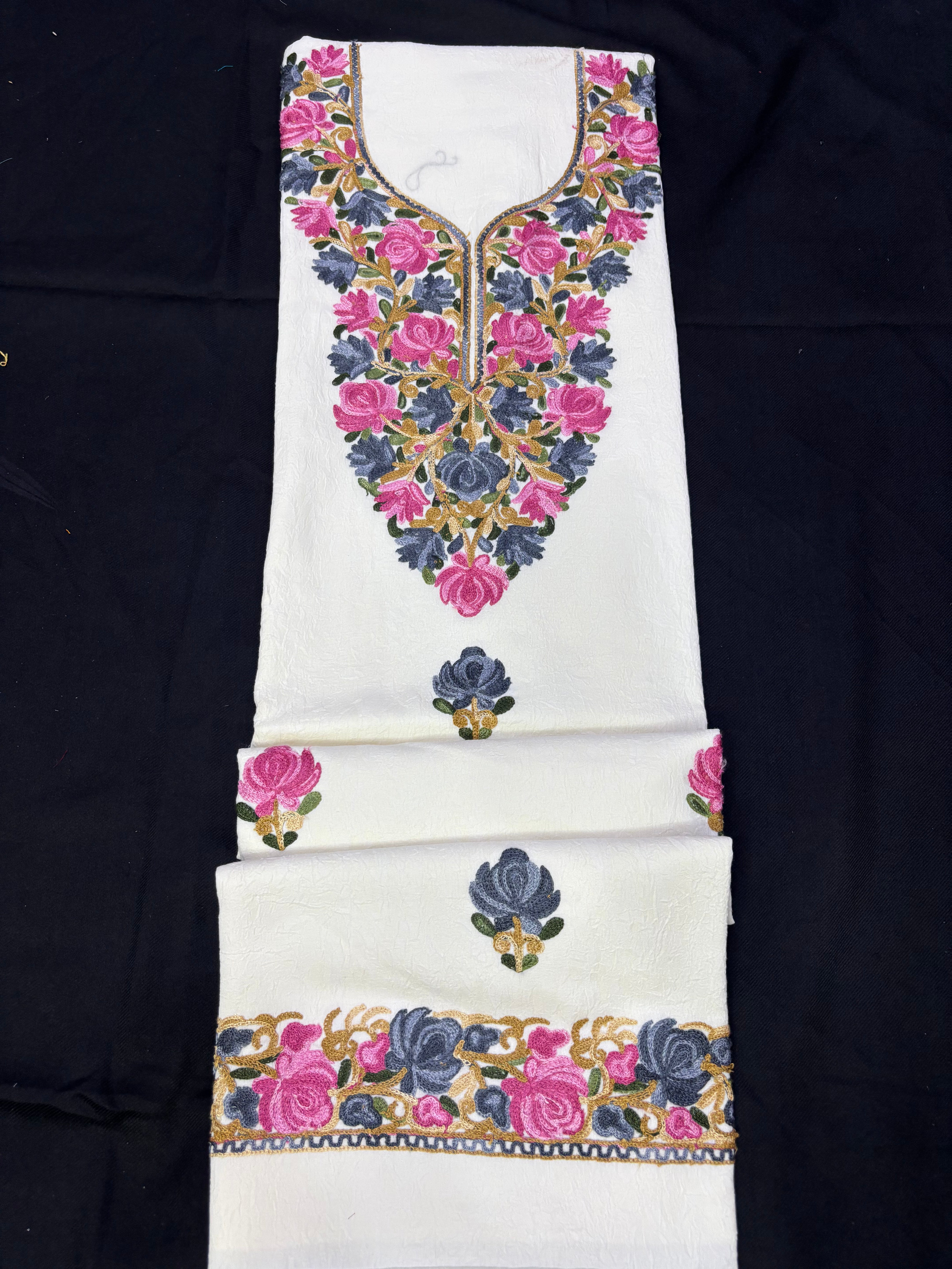 Cream white textured cotton two pc set with floral embroidery
