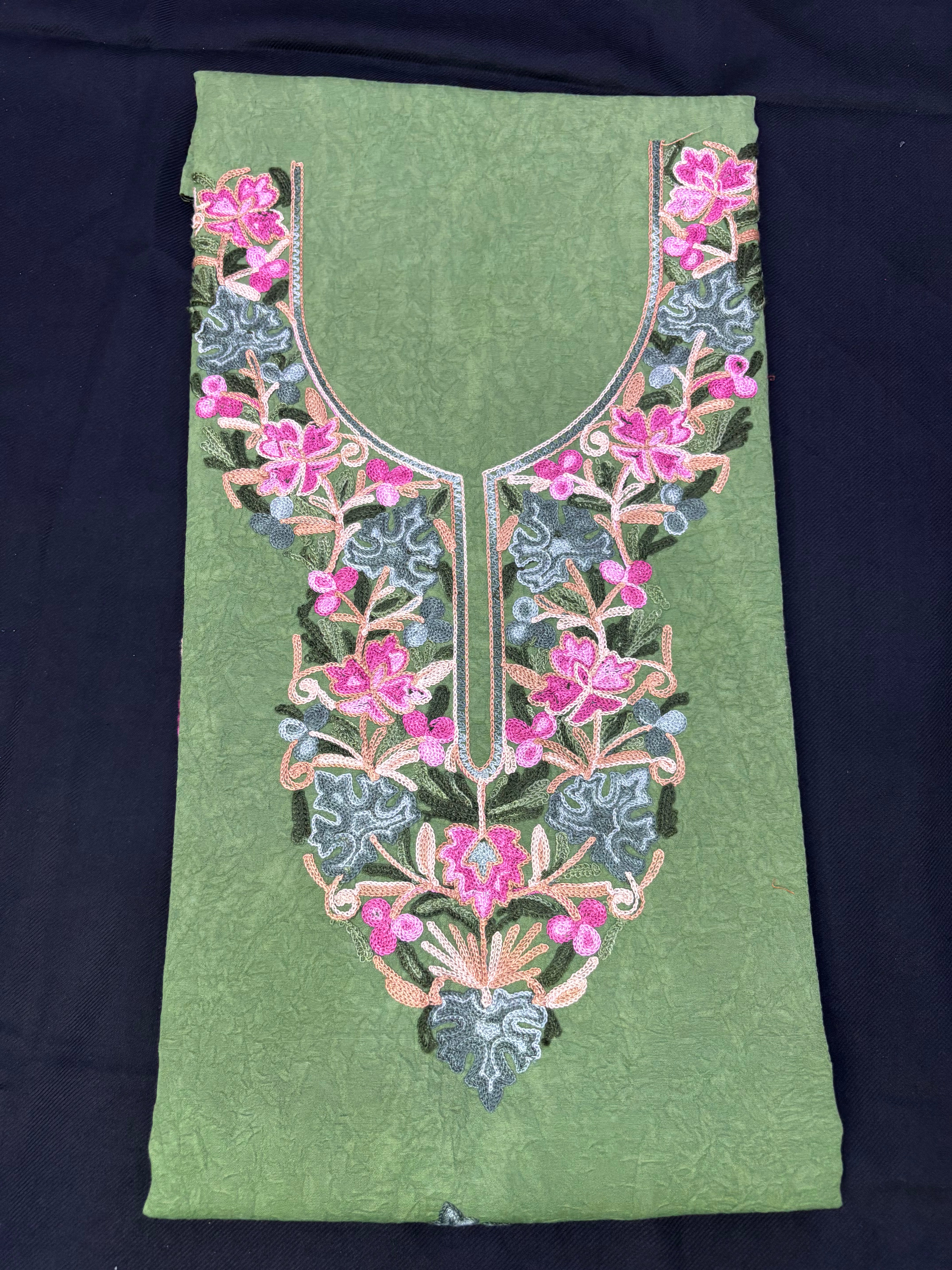 Macha green textured cotton two pc set with floral embroidery