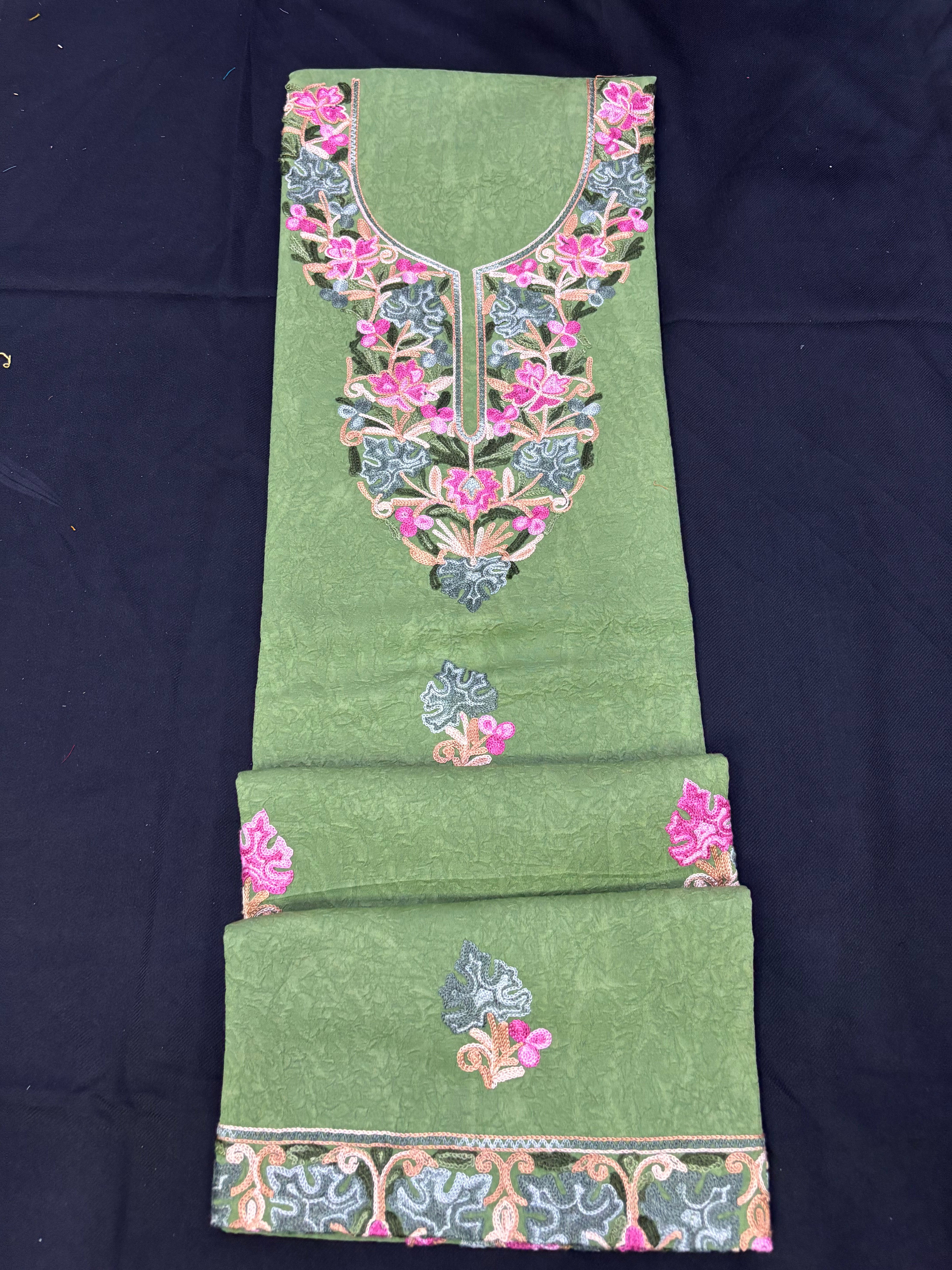 Macha green textured cotton two pc set with floral embroidery