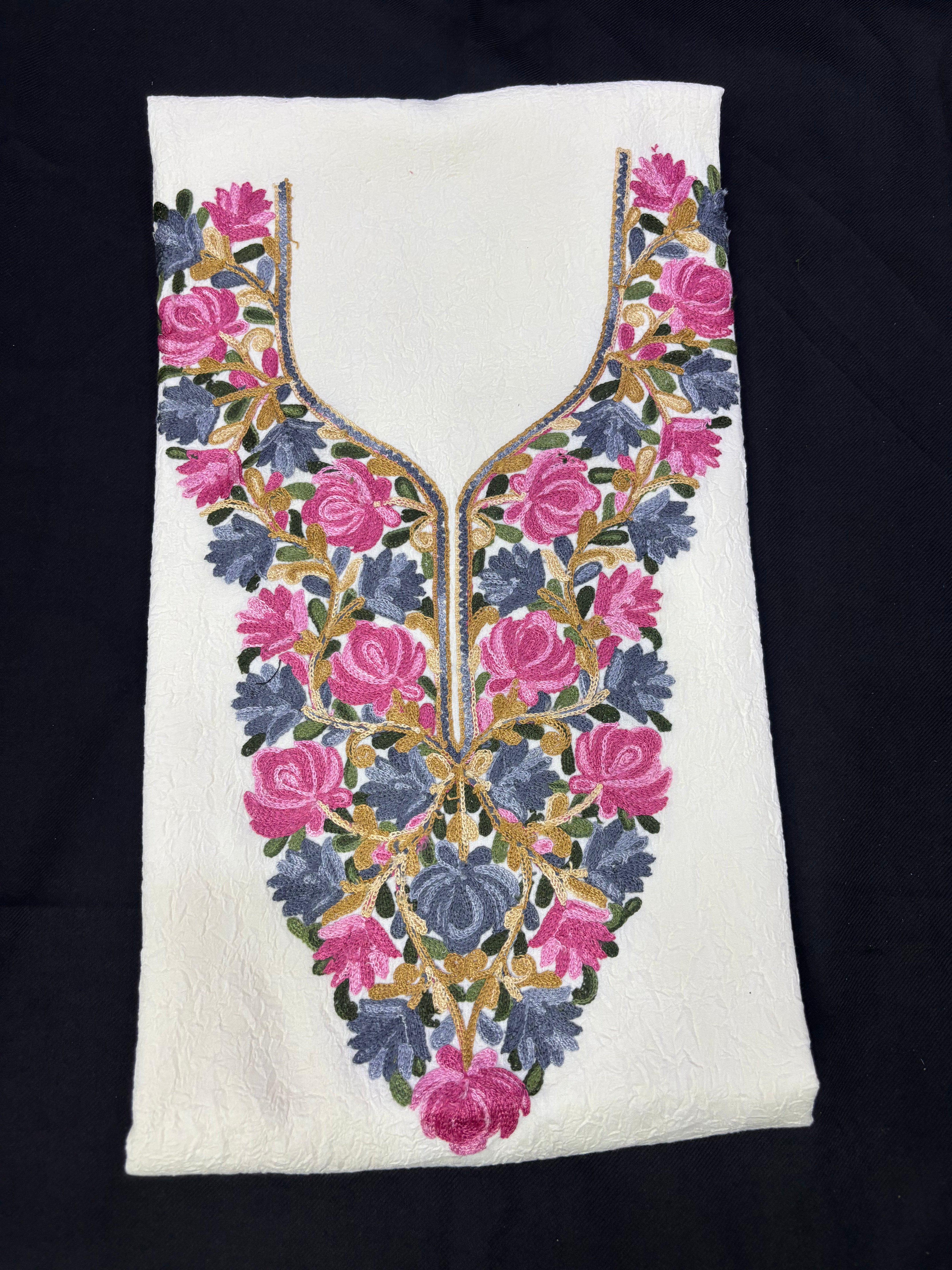 Milk white textured cotton two pc set with floral embroidery