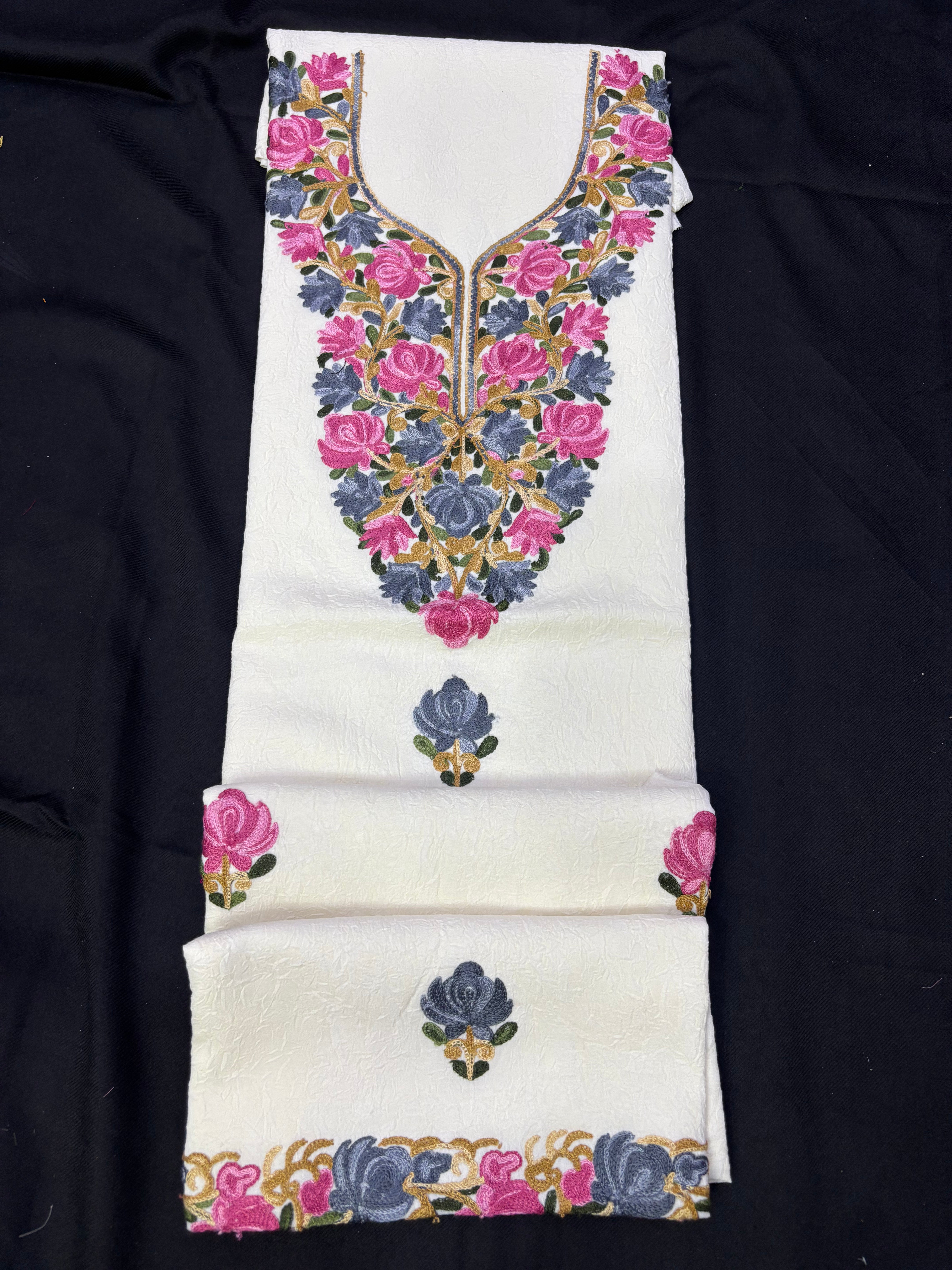 Milk white textured cotton two pc set with floral embroidery