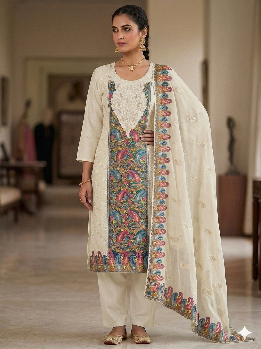 Cream white Cotton Embroidery Suit Set