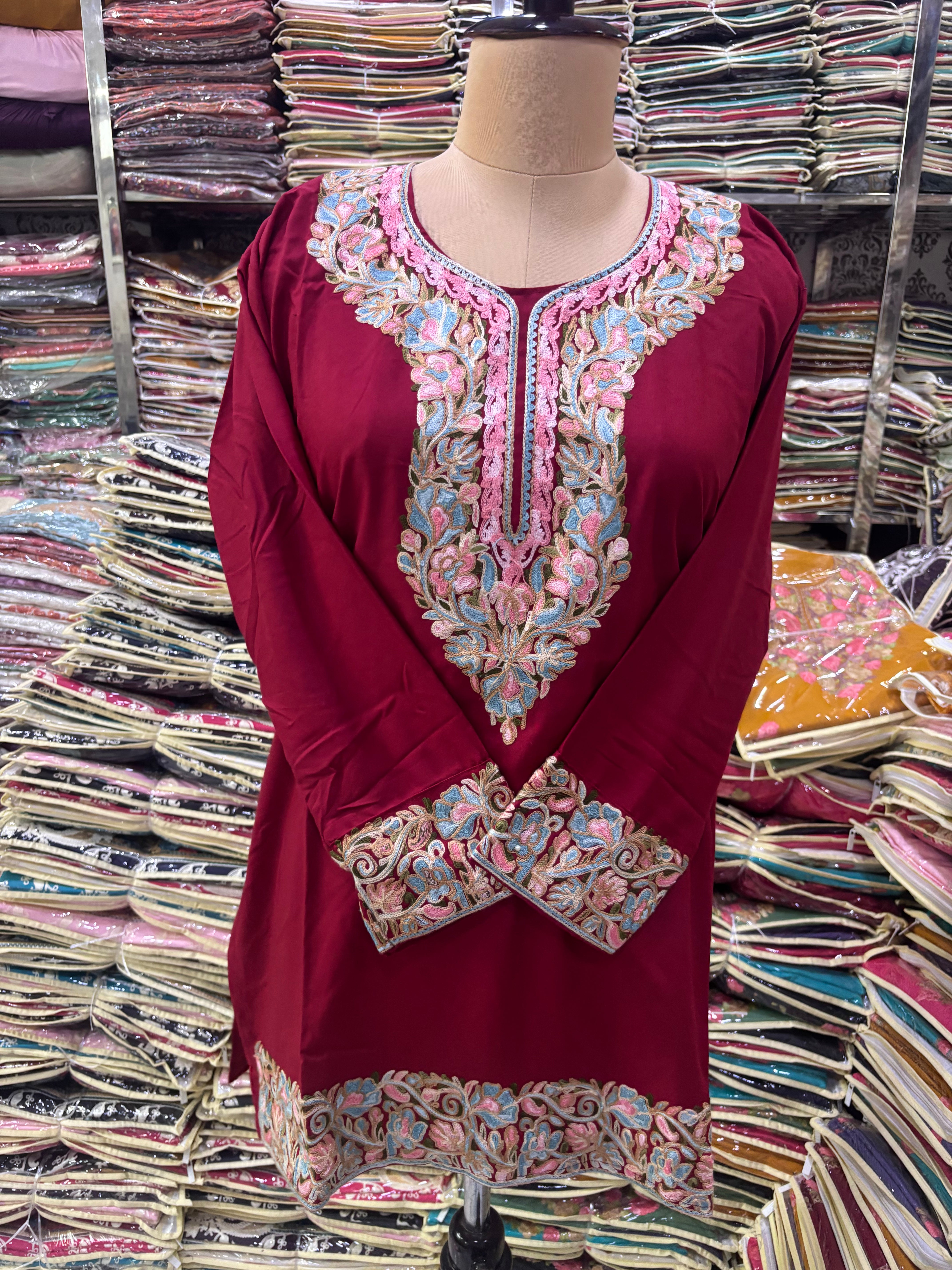 Deep maroon Viscose cotton kurti with embroidery work Size-44