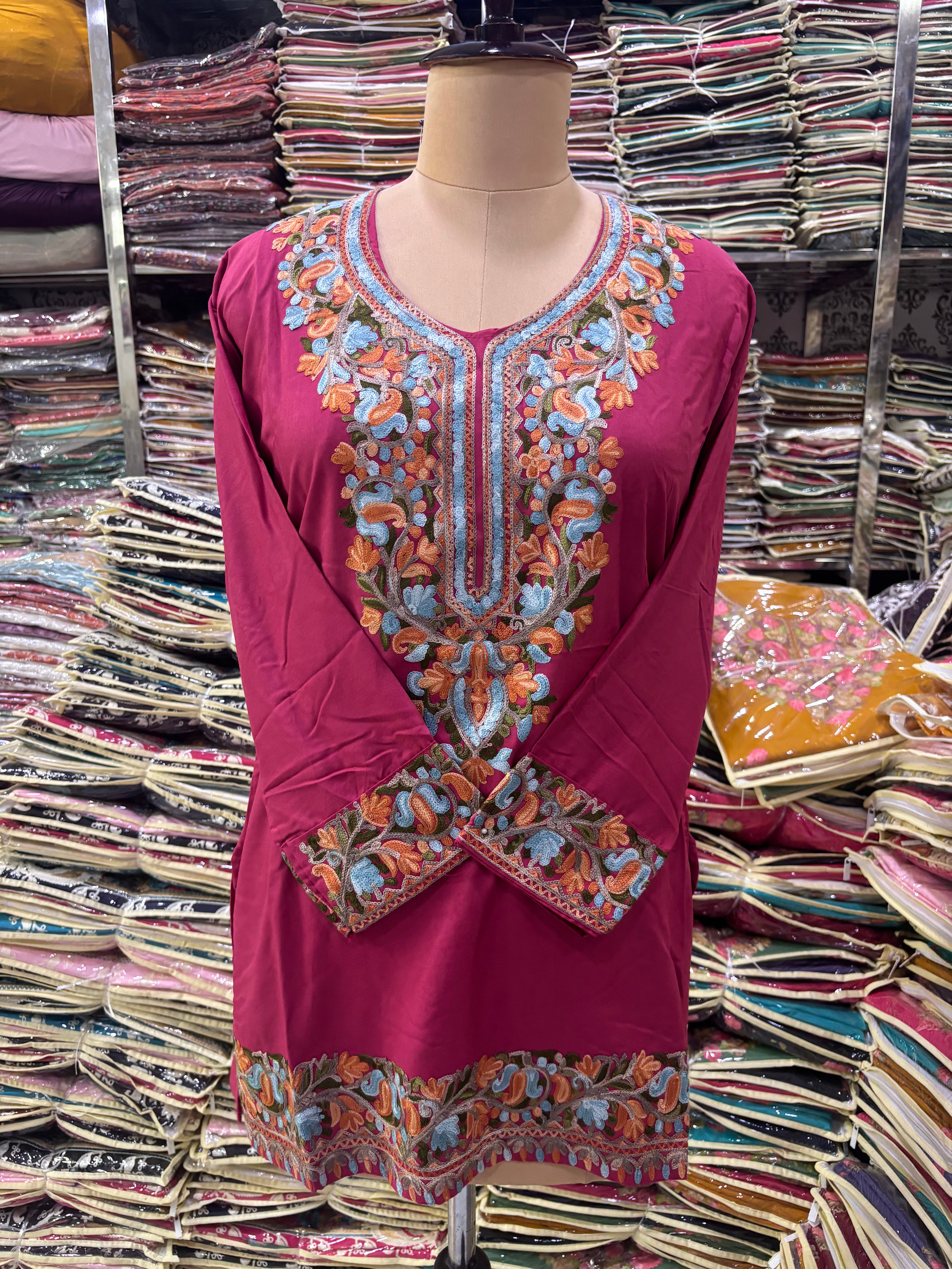 Bubble gum pink Viscose cotton kurti with embroidery work Size-42