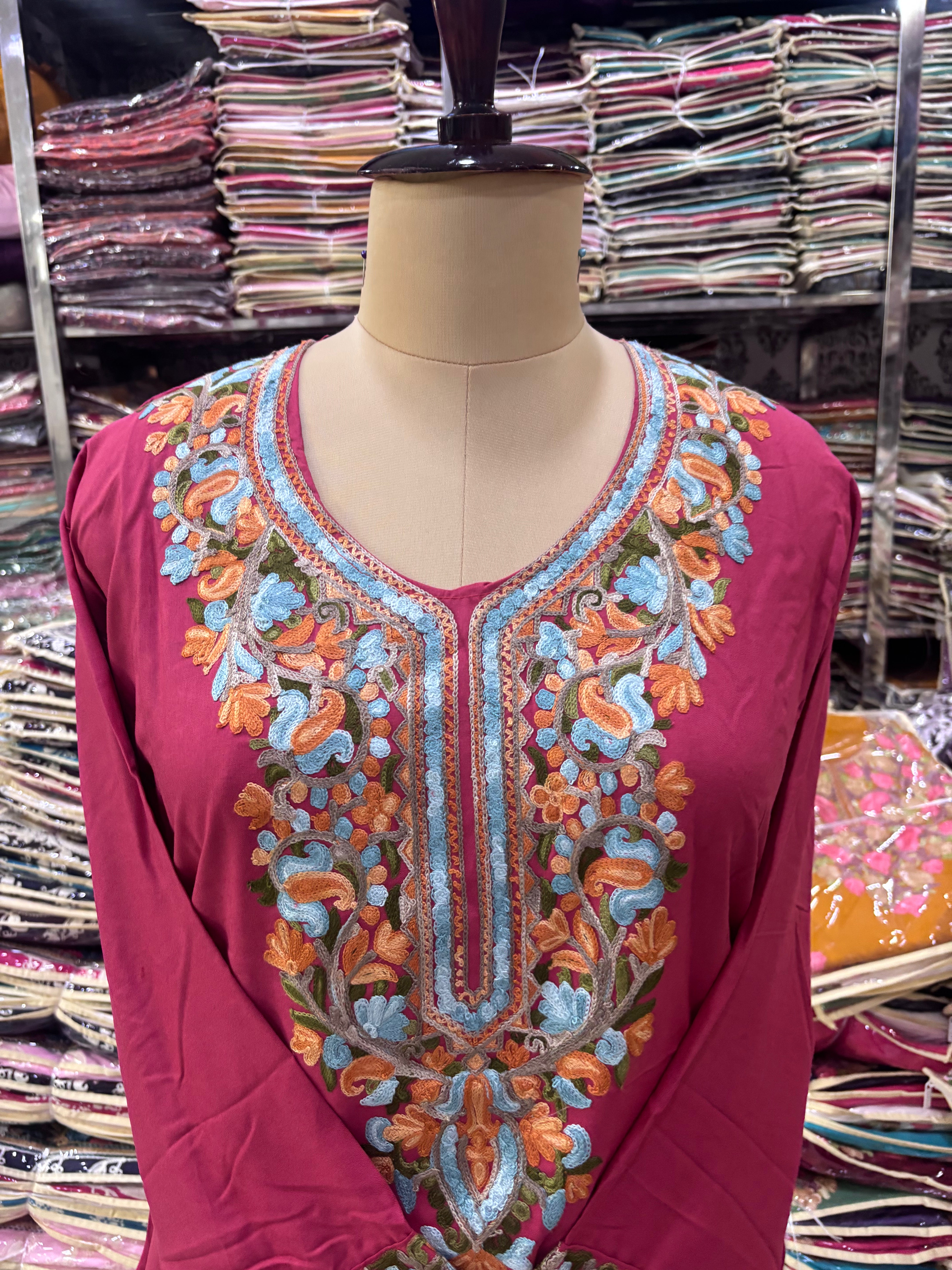 Bubble gum pink Viscose cotton kurti with embroidery work Size-42
