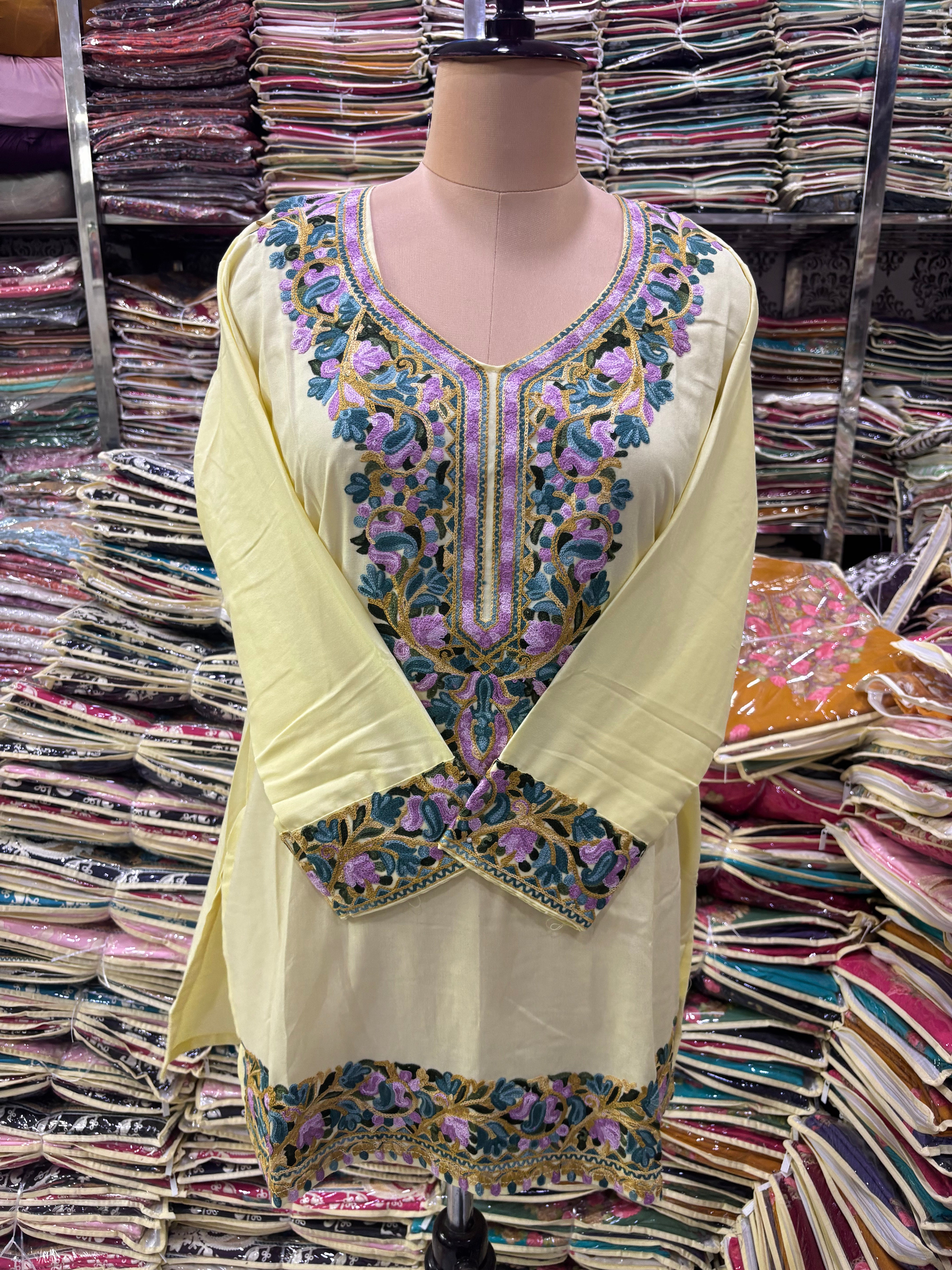 Lemon yellow Viscose cotton kurti with embroidery work Size-46
