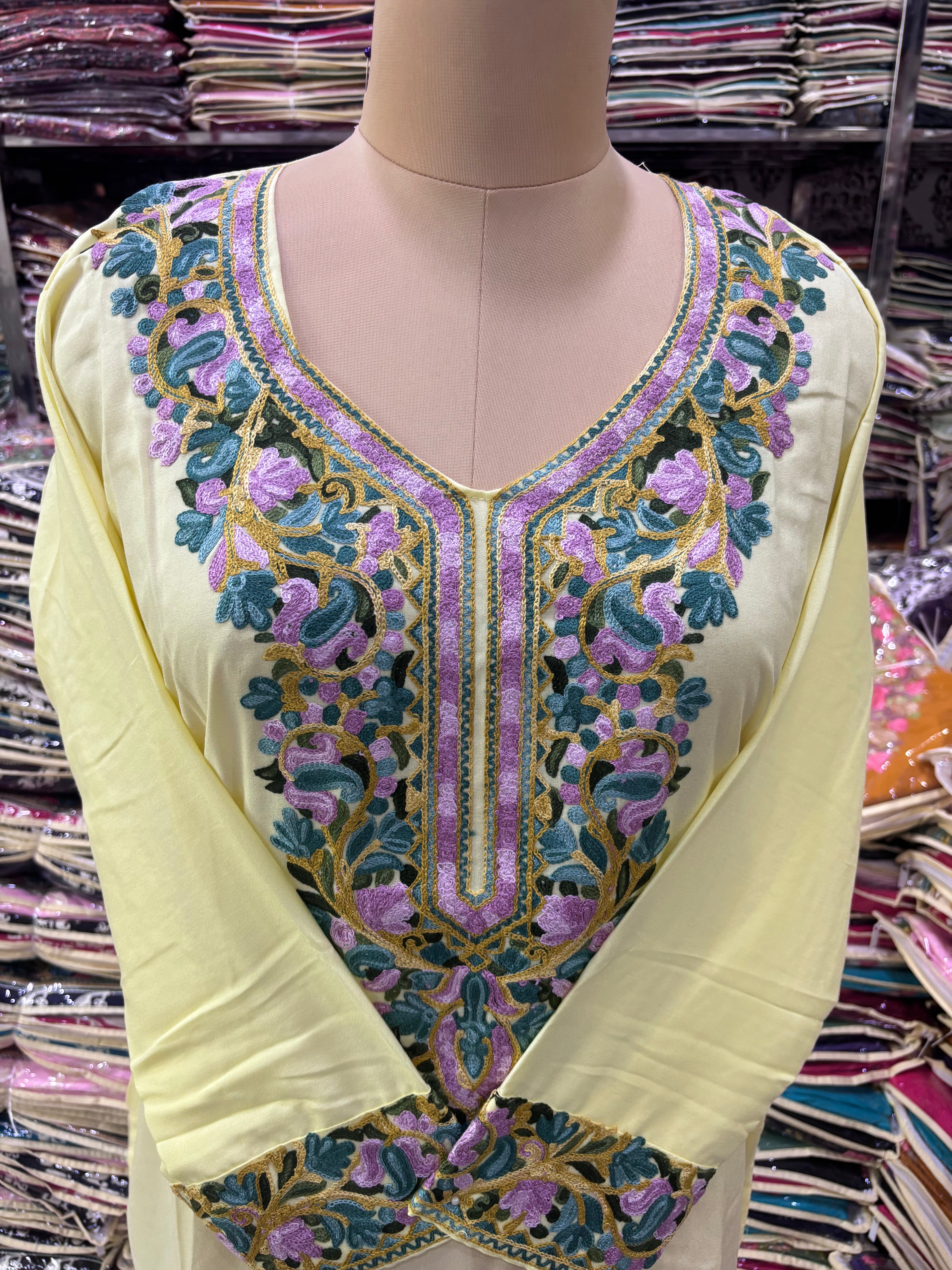 Lemon yellow Viscose cotton kurti with embroidery work Size-46
