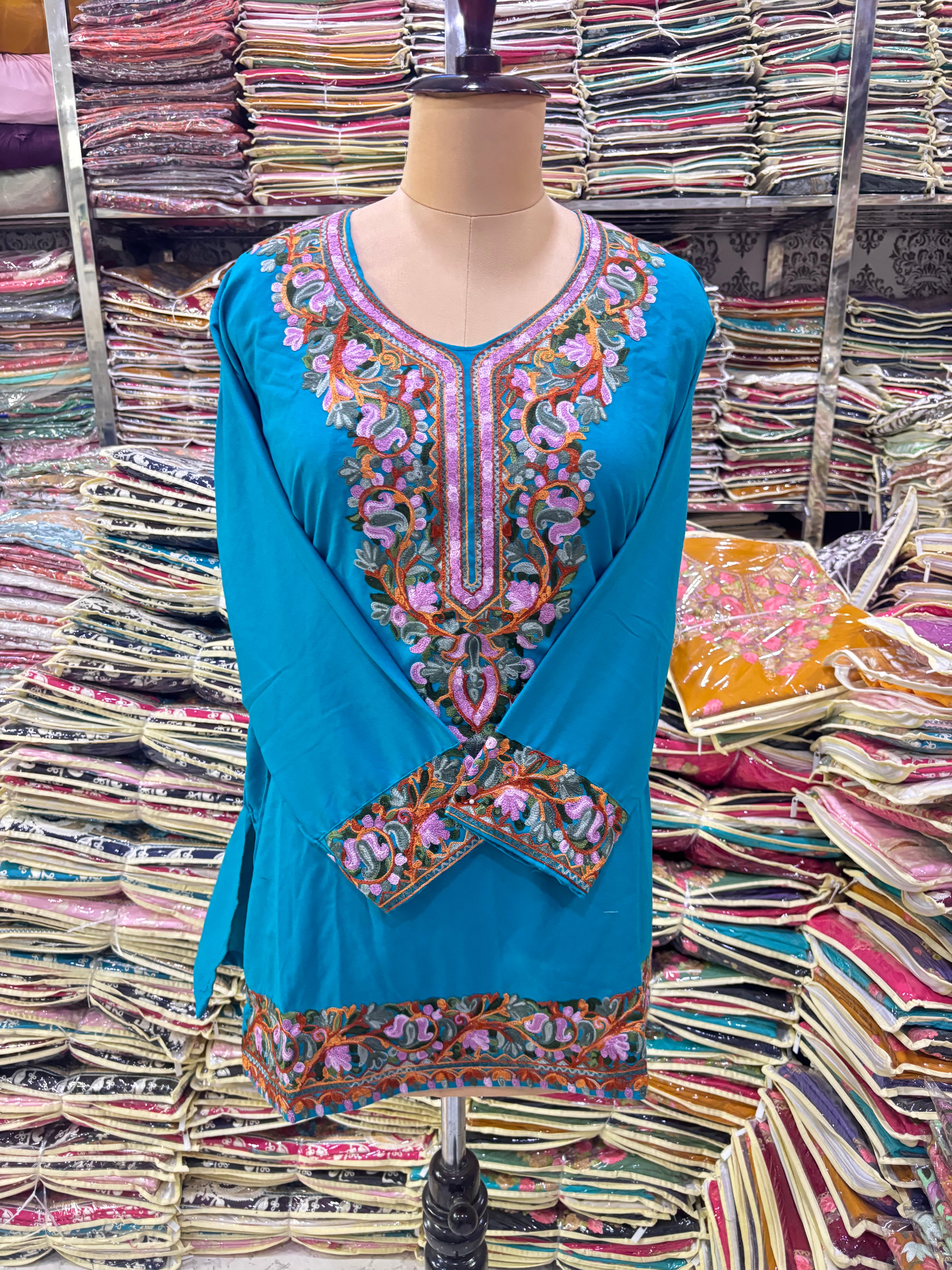 Teal blue Viscose cotton kurti with embroidery work Size-48