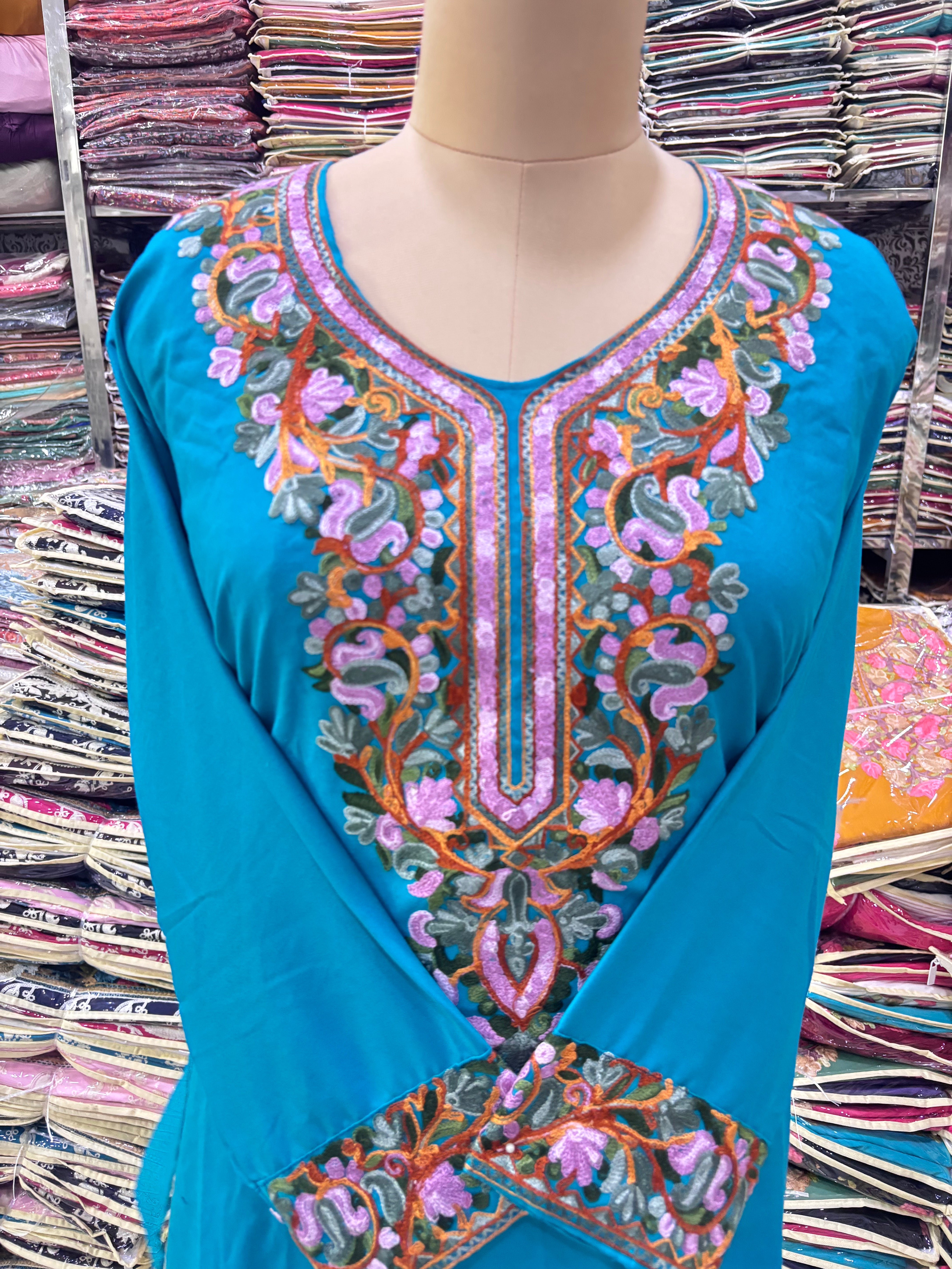Teal blue Viscose cotton kurti with embroidery work Size-48