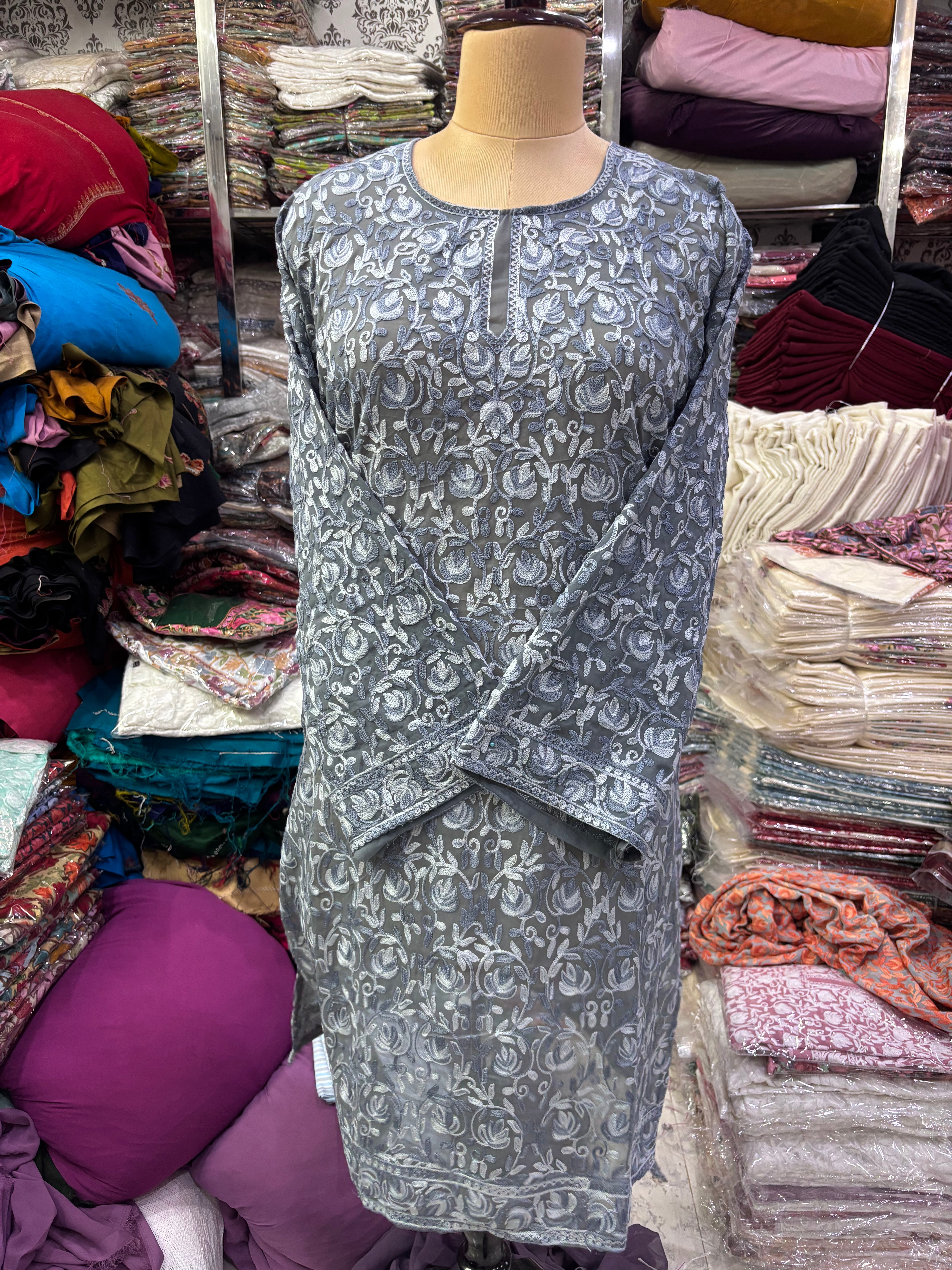 Grey Georgette embroidery kurti size freesize upto52 inche