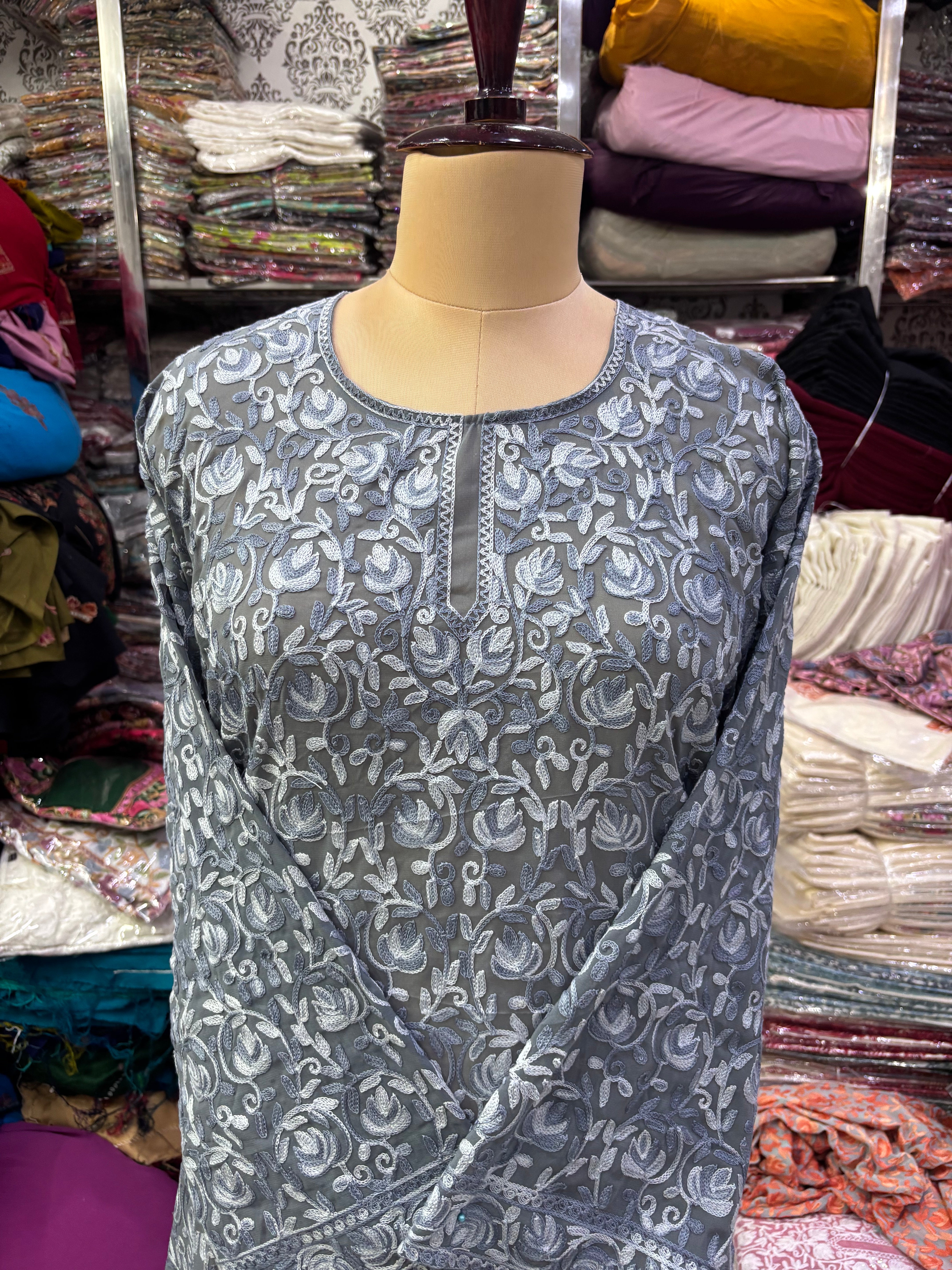 Grey Georgette embroidery kurti size freesize upto52 inche