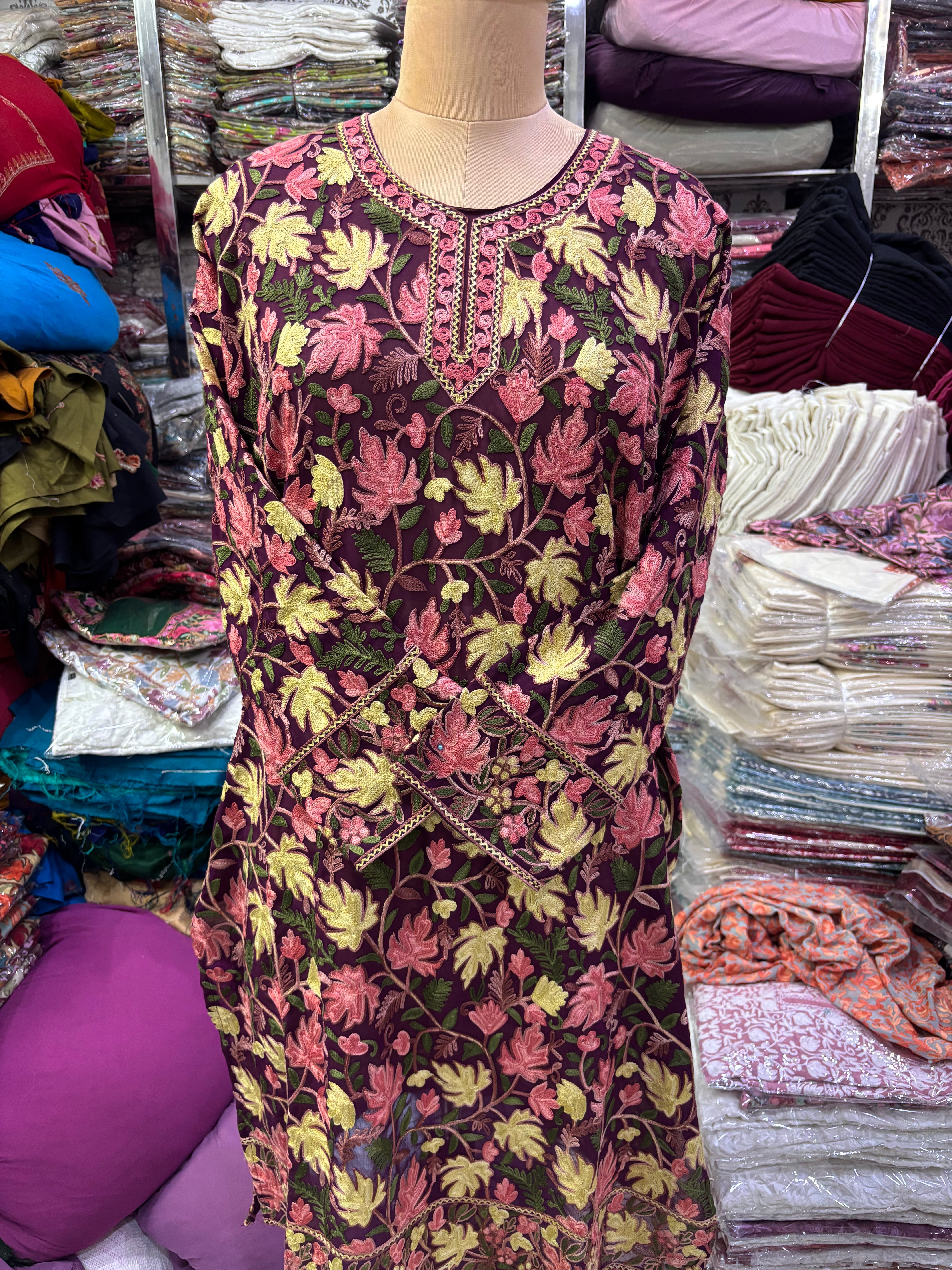 Chinar Georgette embroidery kurti size freesize upto 48 inches
