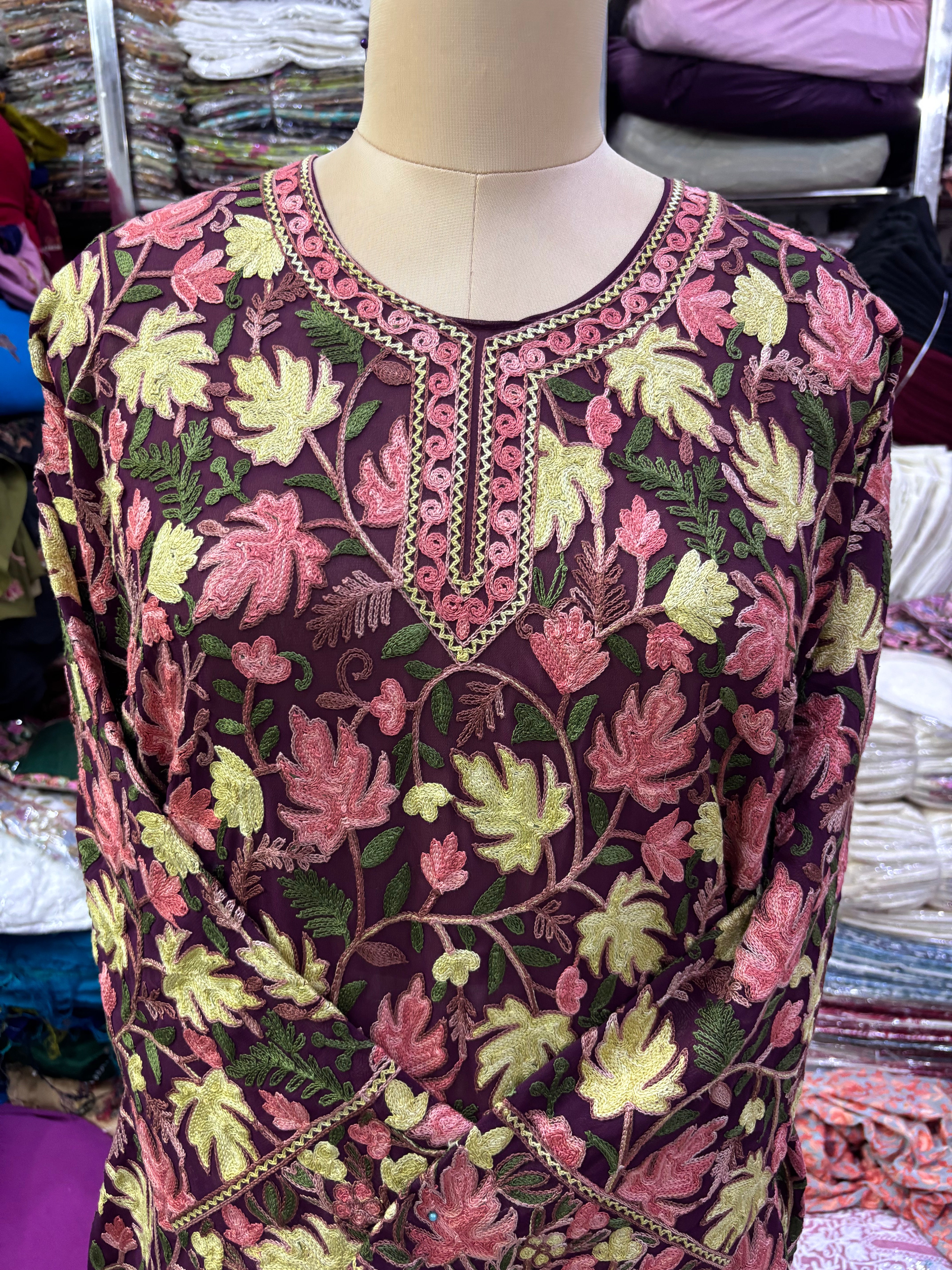 Chinar Georgette embroidery kurti size freesize upto 48 inches