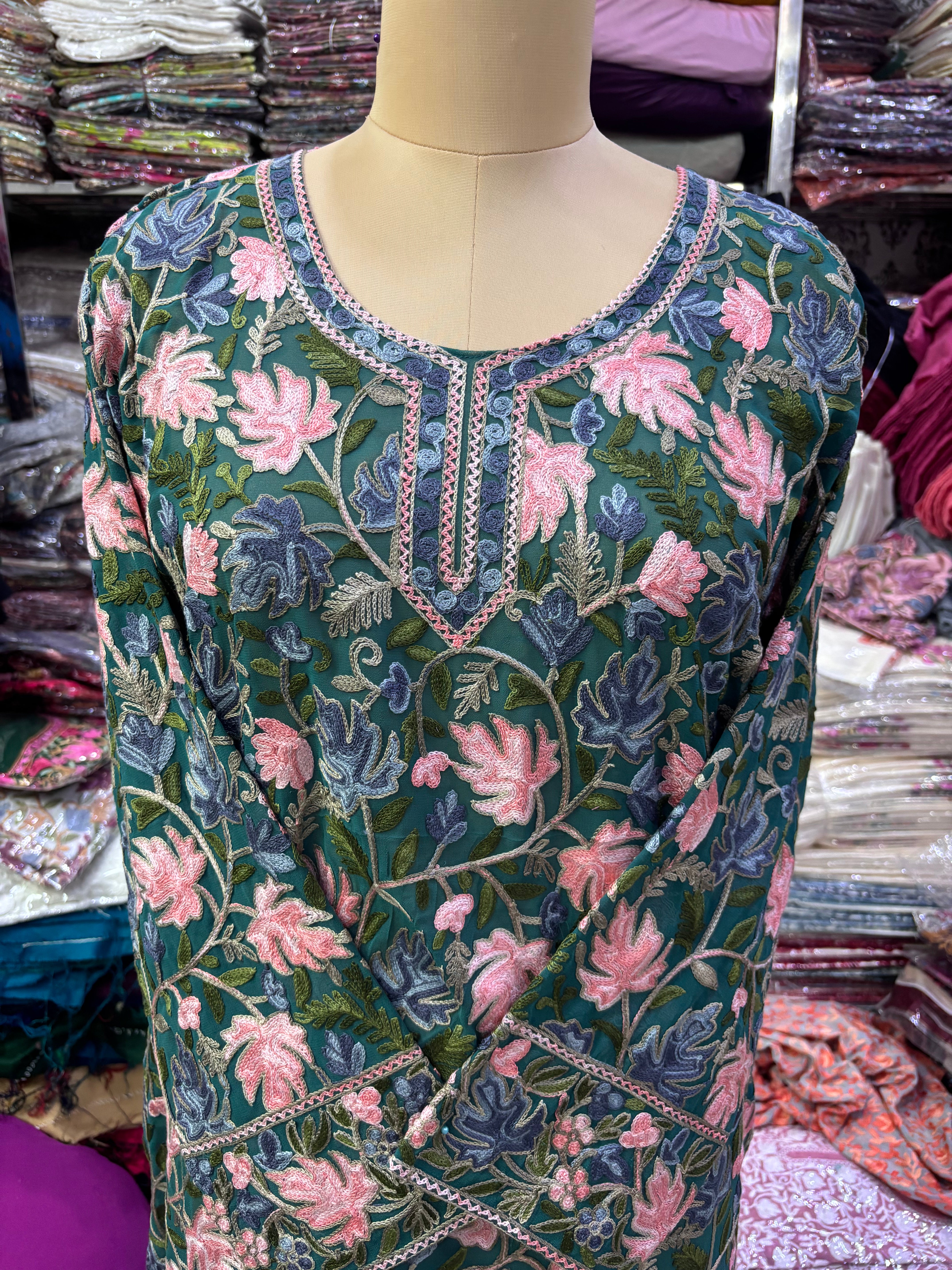 Chinar Georgette embroidery kurti size freesize upto 48 inches