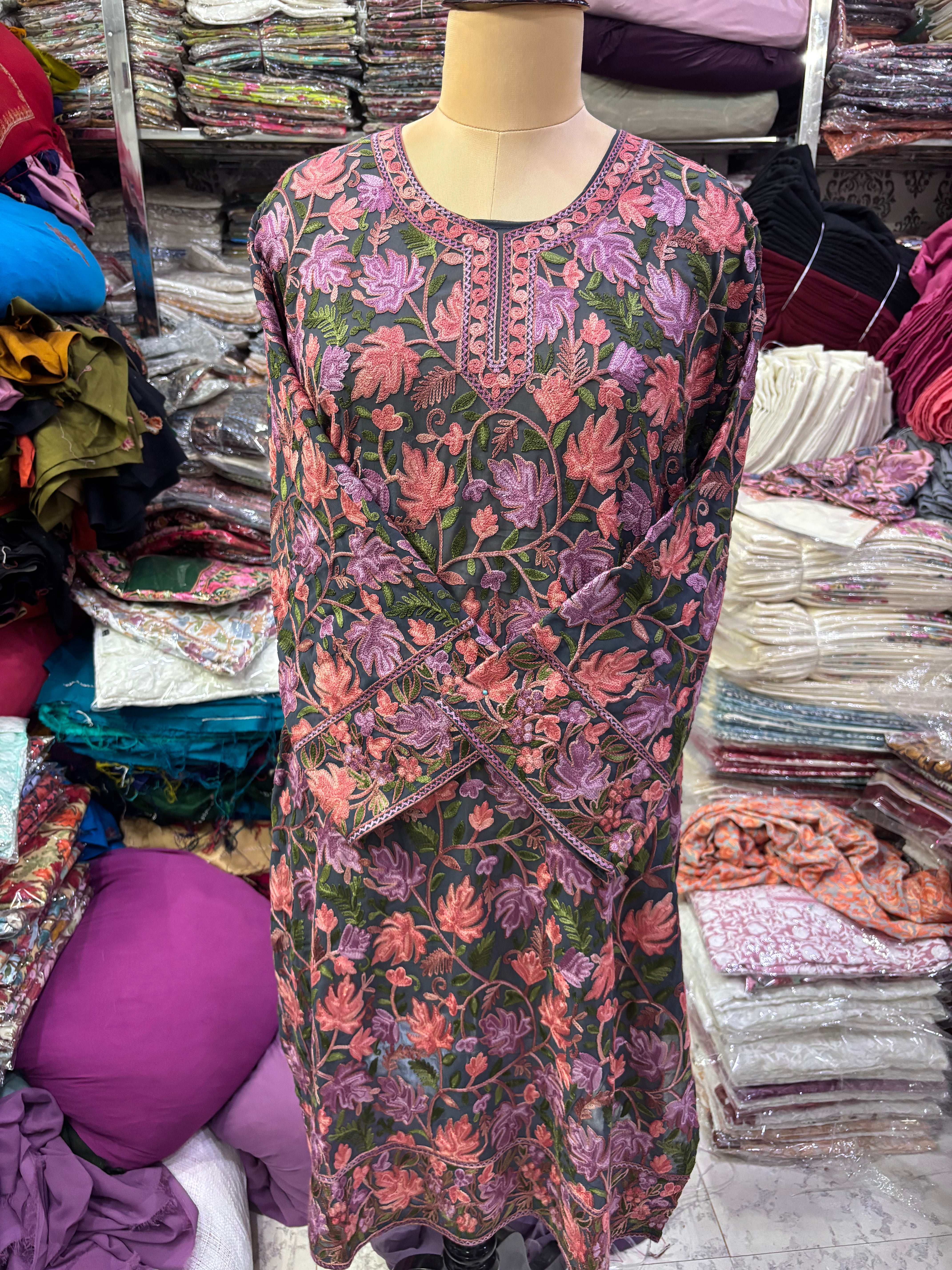 Chinar Georgette embroidery kurti size freesize upto 46 inches